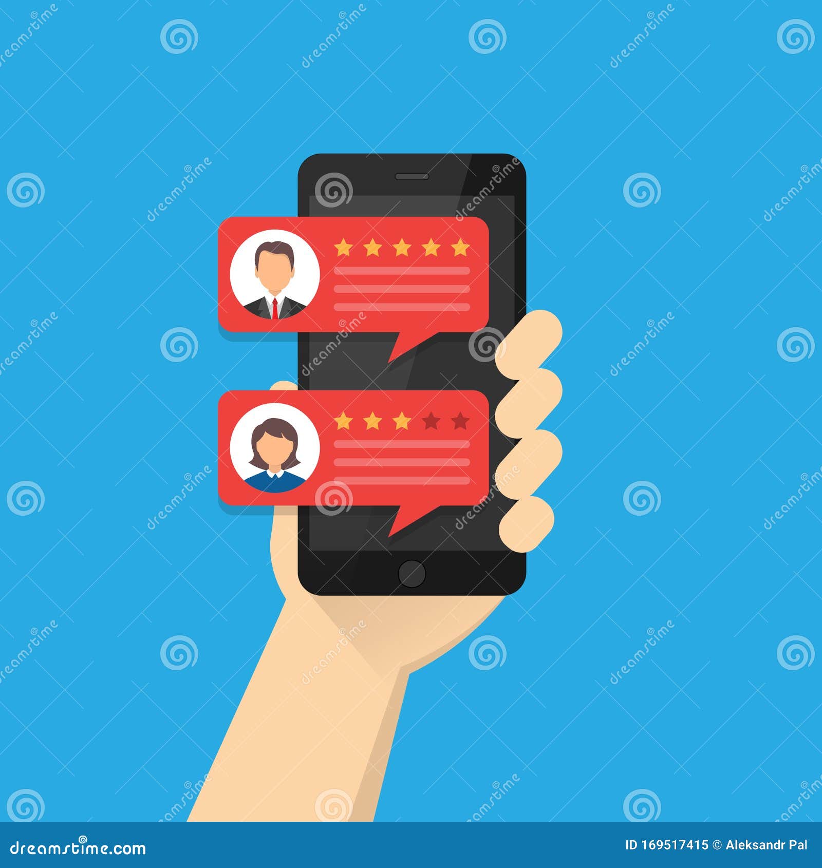 Smartphone In Hand Customer Feedback Rating On Mobile Phone Screen Viewing Rating On Speech Bubbles Stock Vector Illustration Of Cellphone Concept