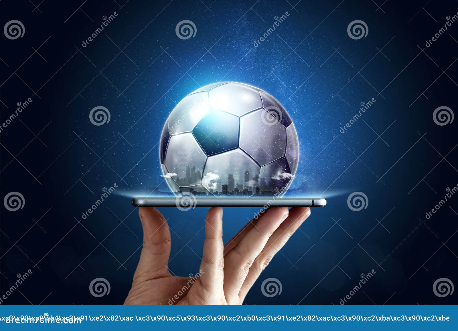 smartphone in hand with a 3d soccer ball on a blue background. bets, sports betting, bookmaker. mixed media
