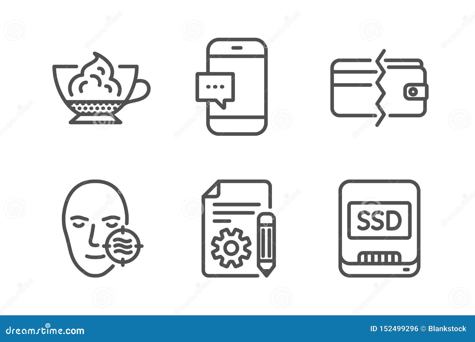 smartphone message, problem skin and espresso cream icons set. documentation, payment methods and ssd signs. 