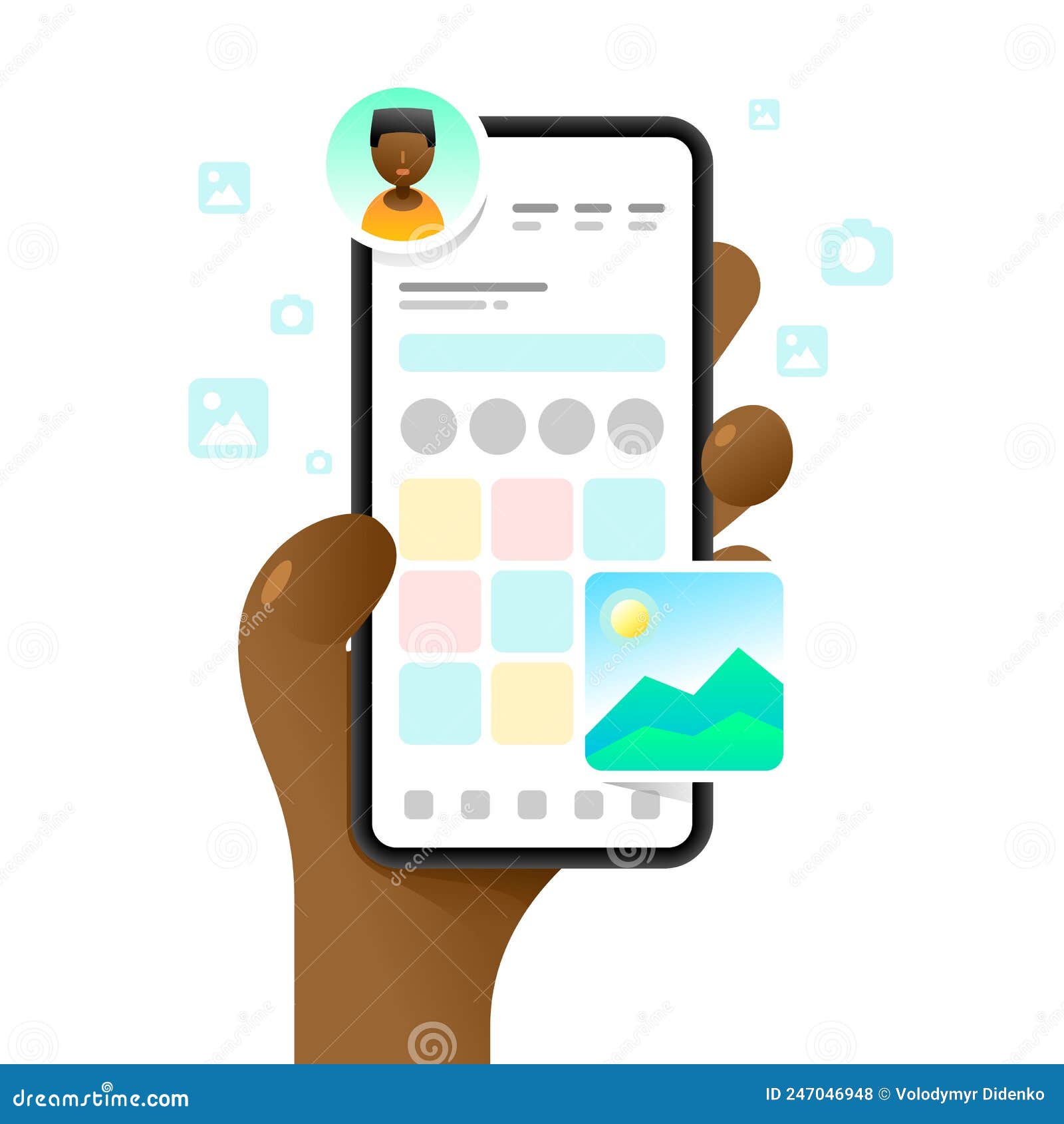 smartphone mockup in human hand. app dashboard. profile main screen.  colorful social media . instagram, whatsap