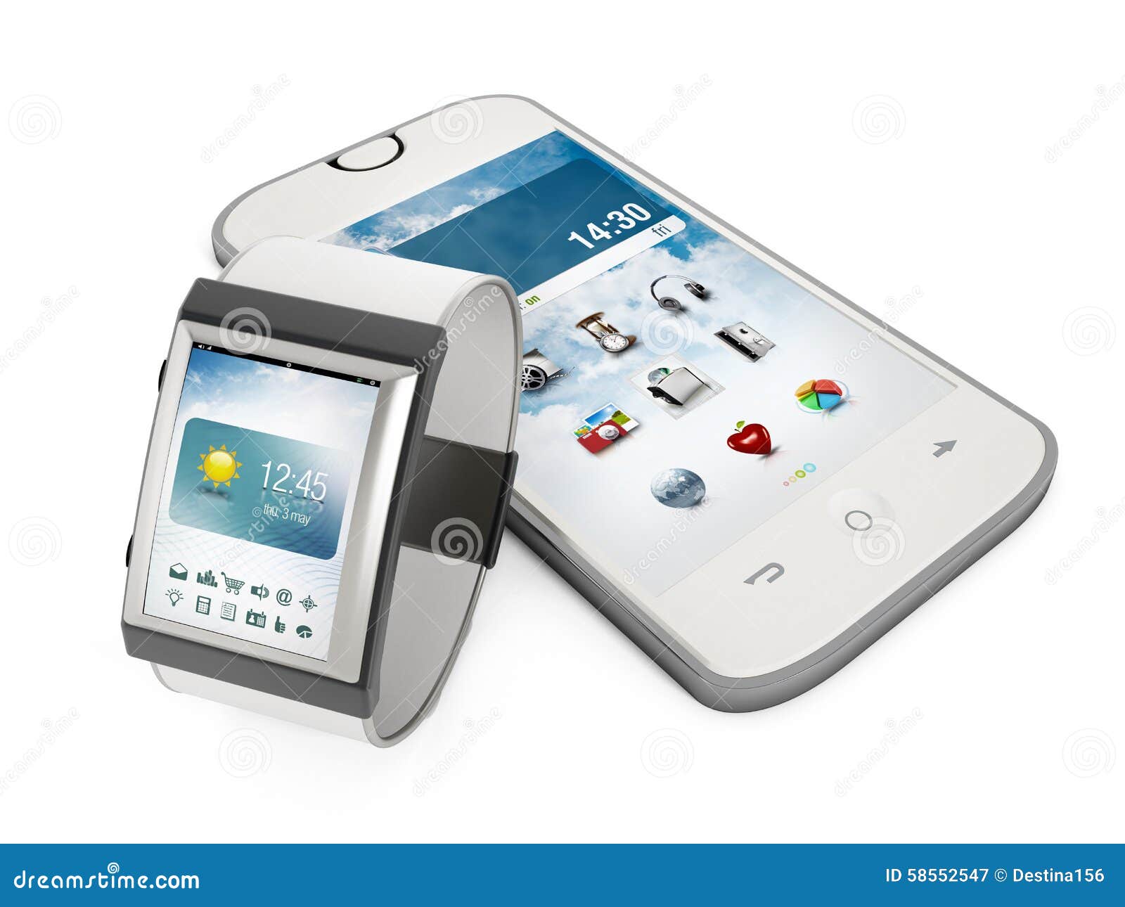 Smartphone och smartwatch som isoleras på vit bakgrund