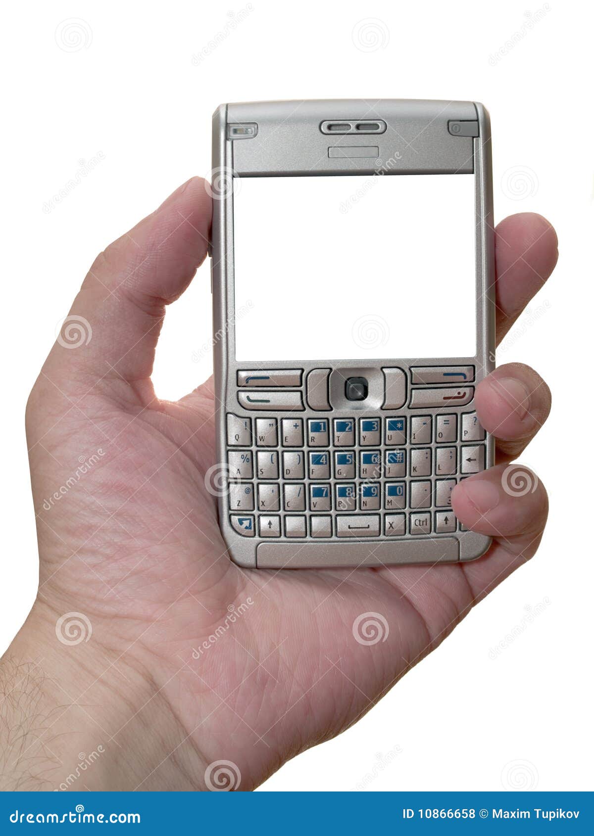 Smartphone personale dell'assistente digitale isolato. Munisca con lo smartphone mobile delle cellule isolato su bianco