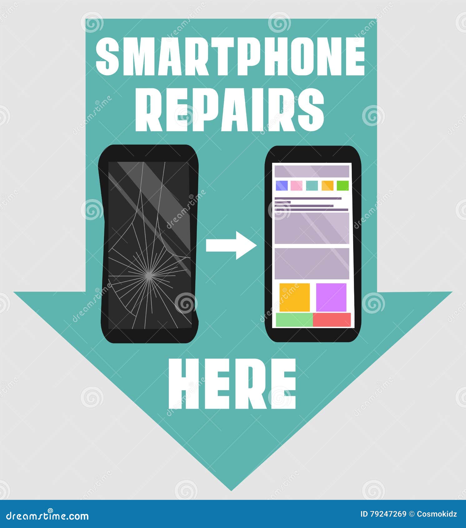 Smartphone Repairs Flat Design Sign. Vector Illustration Of Broken And