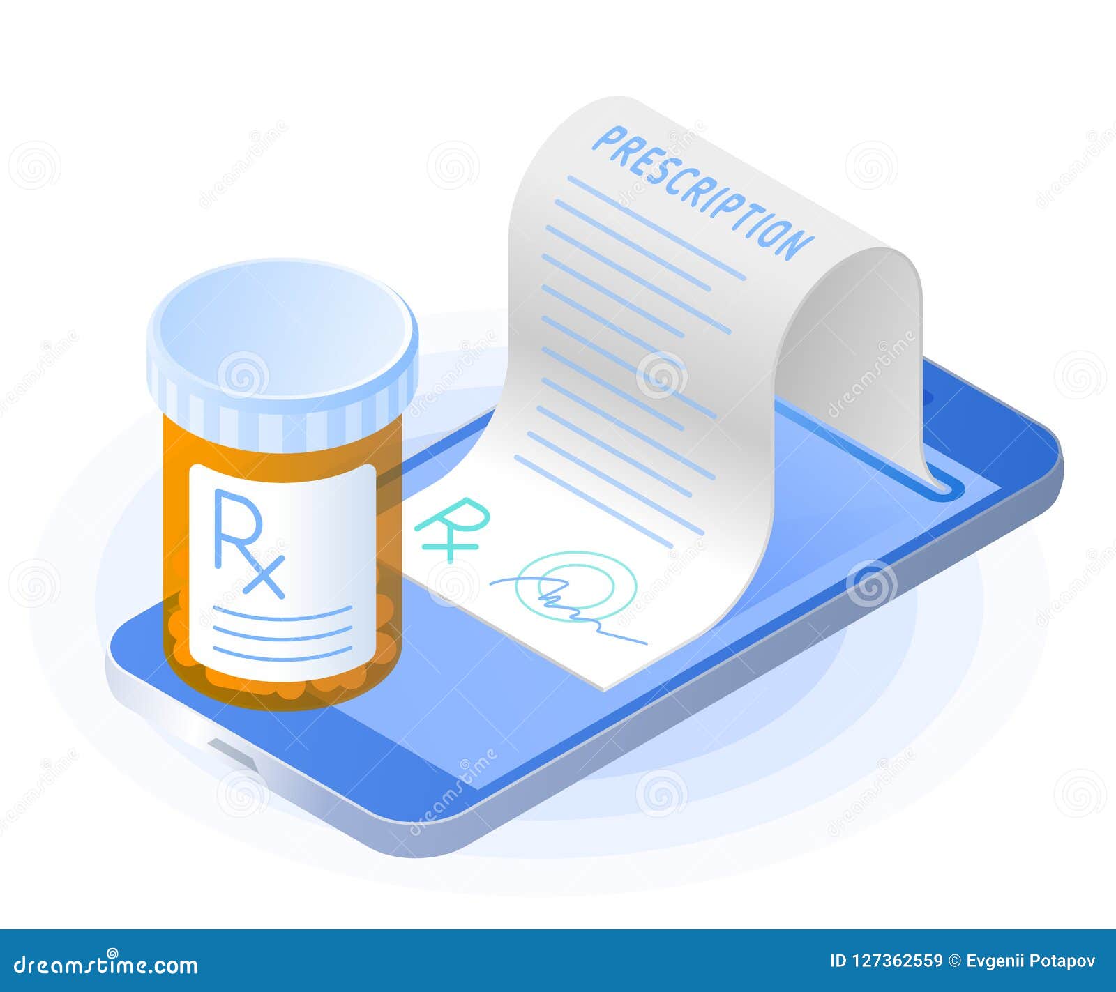 the smartphone, rx prescription from the screen, pill bottle.