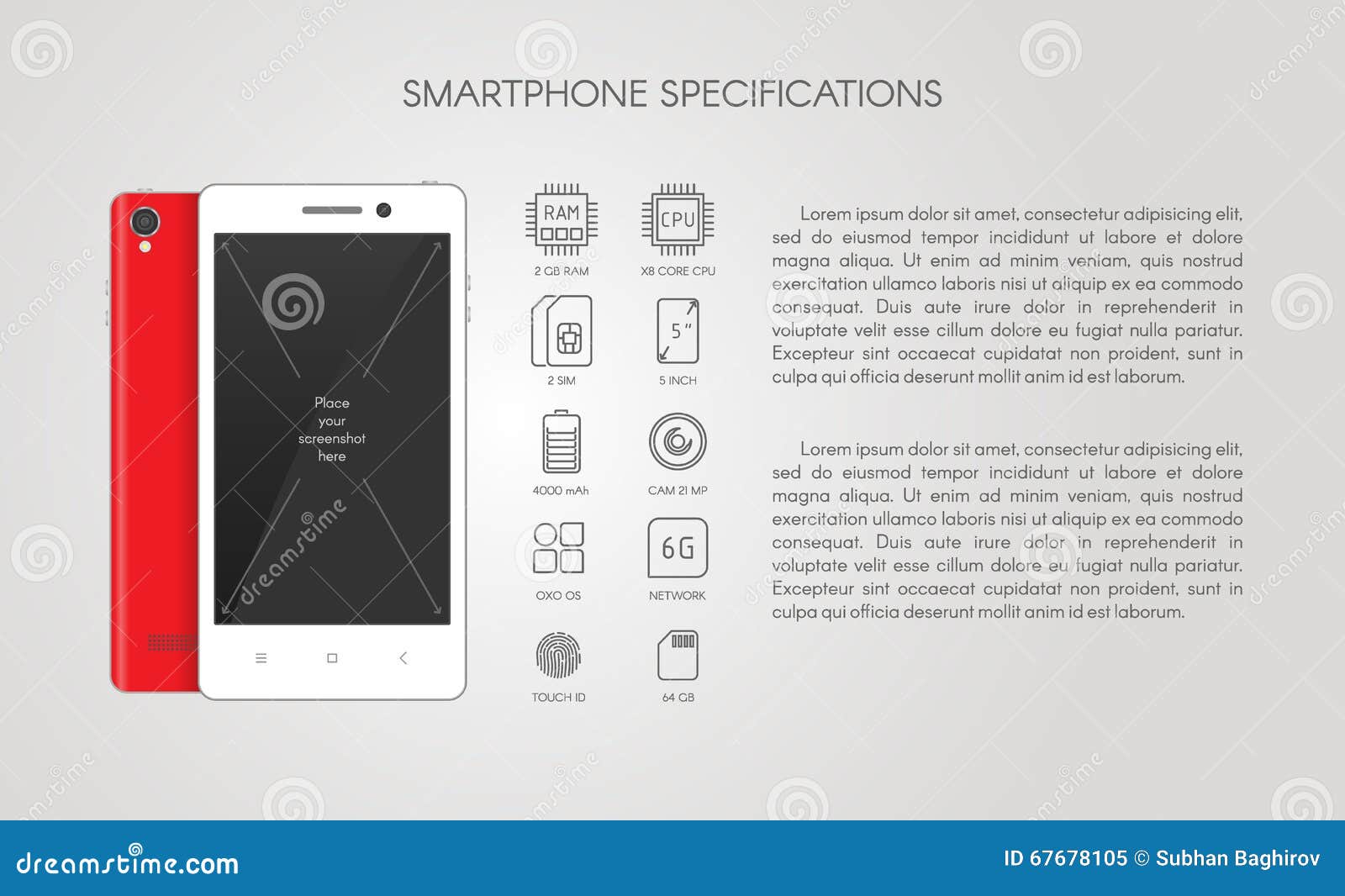 smartphone specification with flat line icons.