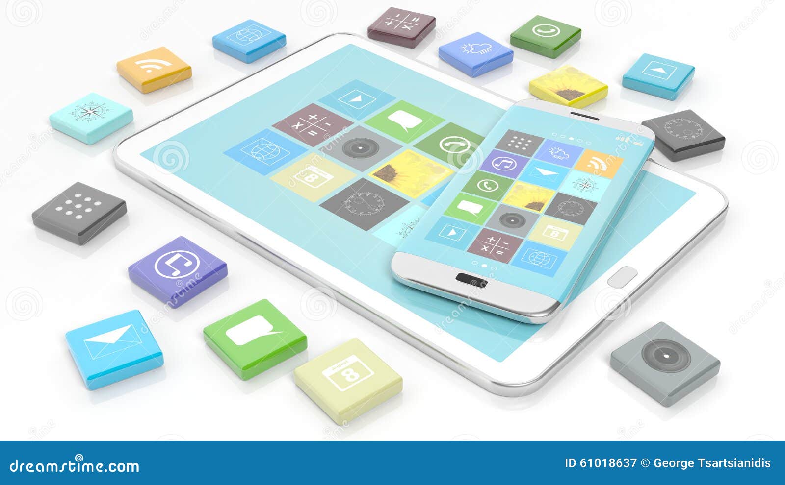 smartphone and tablet with apps in  of beveled square