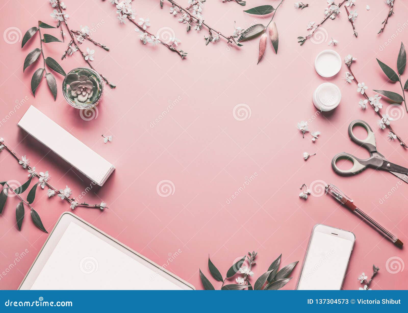 Smartphone and Tablet Pc Mock Up on Pastel Pink Desktop Background with  Modern Cosmetics, Stationery Supples and Blossom Branches Stock Image -  Image of background, layout: 137304573