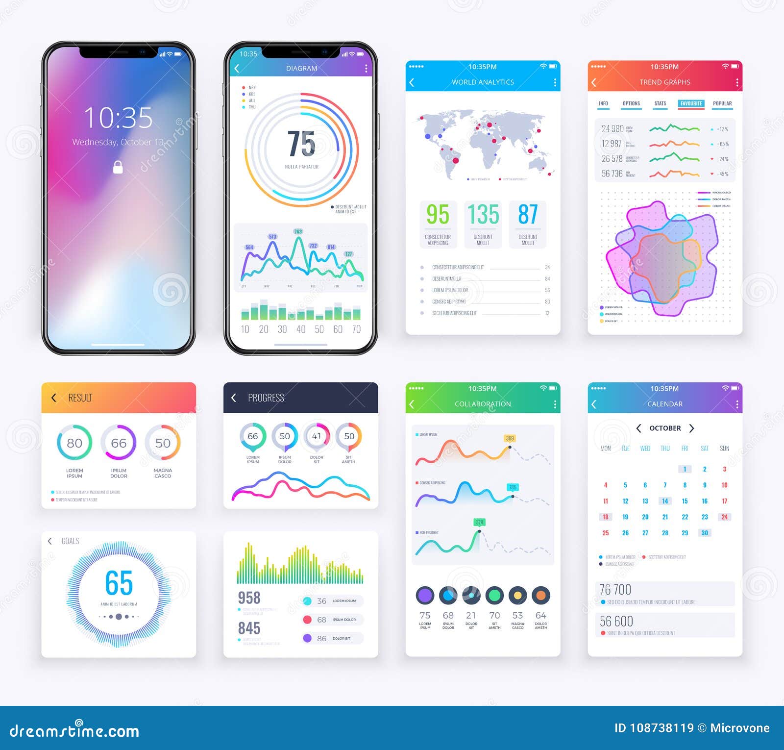 Smartphone Ui Set with Data Business Graphs for Mobile App Stock Vector