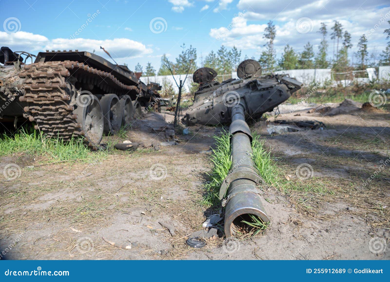 Smashed and Burned Russian Tanks. Burned Tank. War in Ukraine Stock