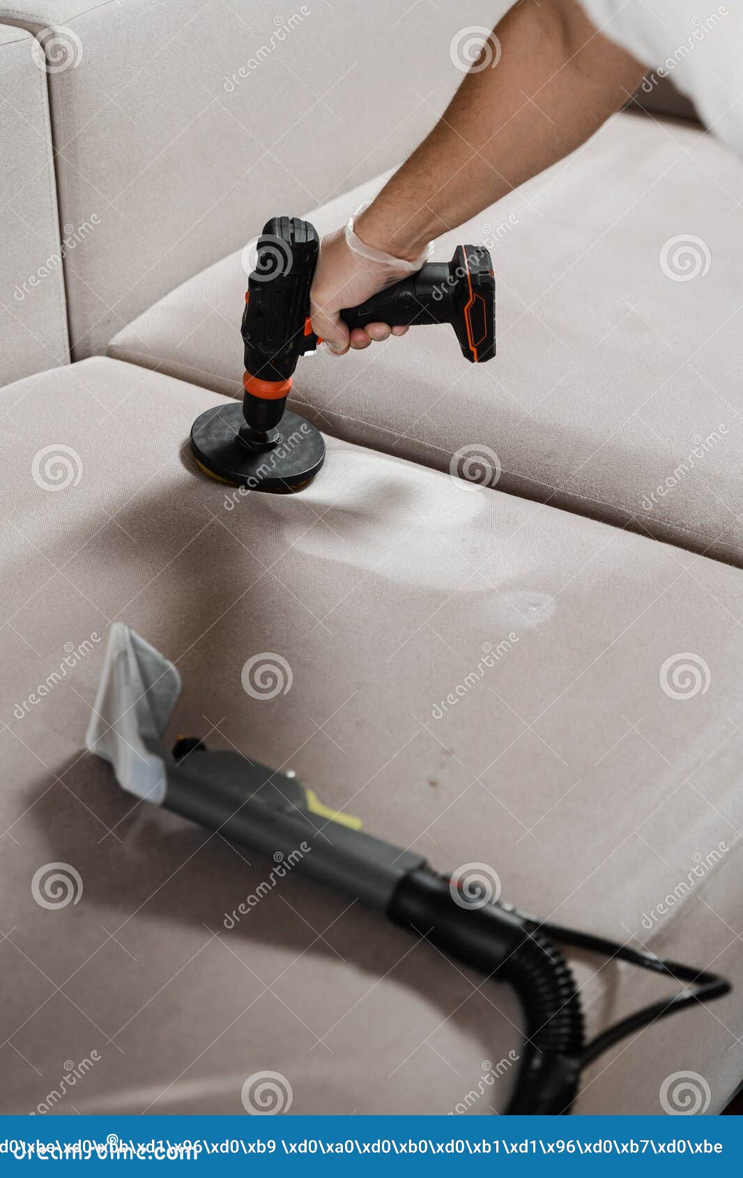 Smearing Detergent on Couch Using Drill with Brush for Dry Cleaning