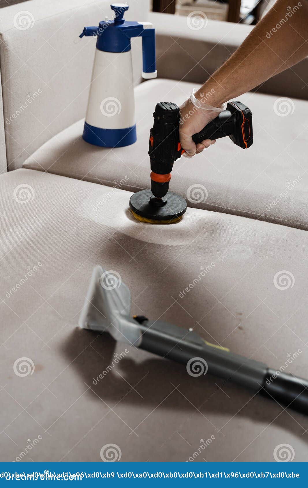 Smearing Detergent on Couch Using Drill with Brush for Dry Cleaning