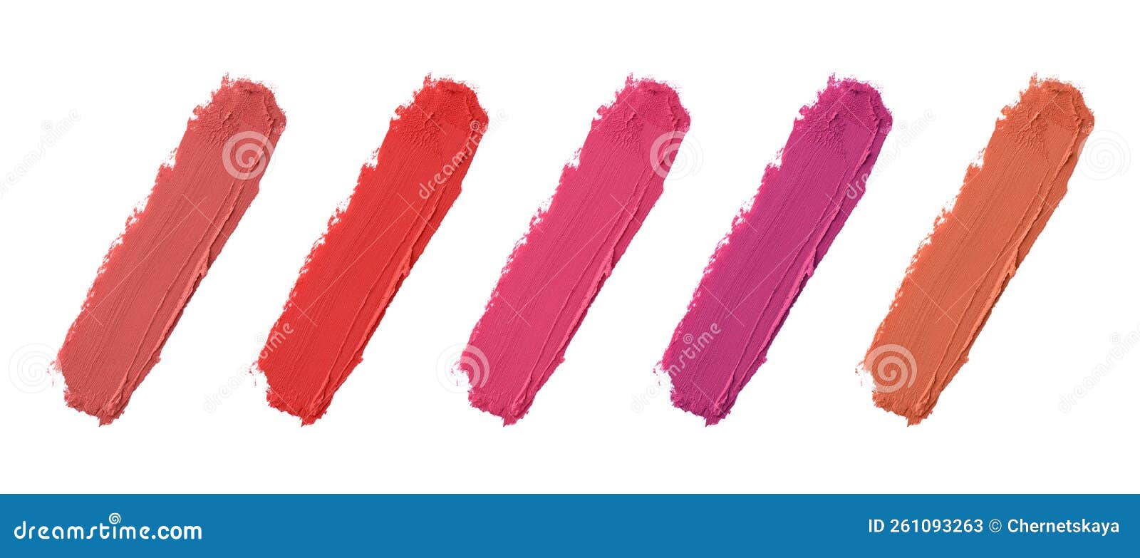 Smears of Different Beautiful Lipsticks on White Background, Top View