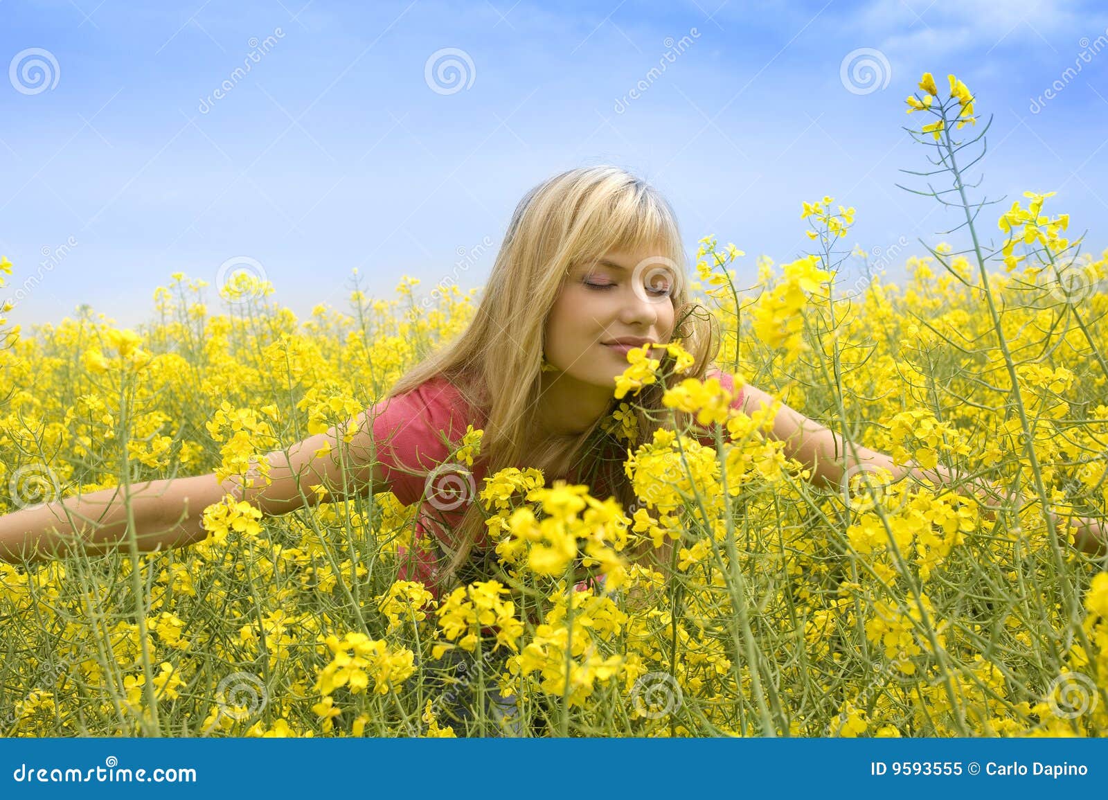 Smelling yellow flowers stock image. Image of female, blond 9593555