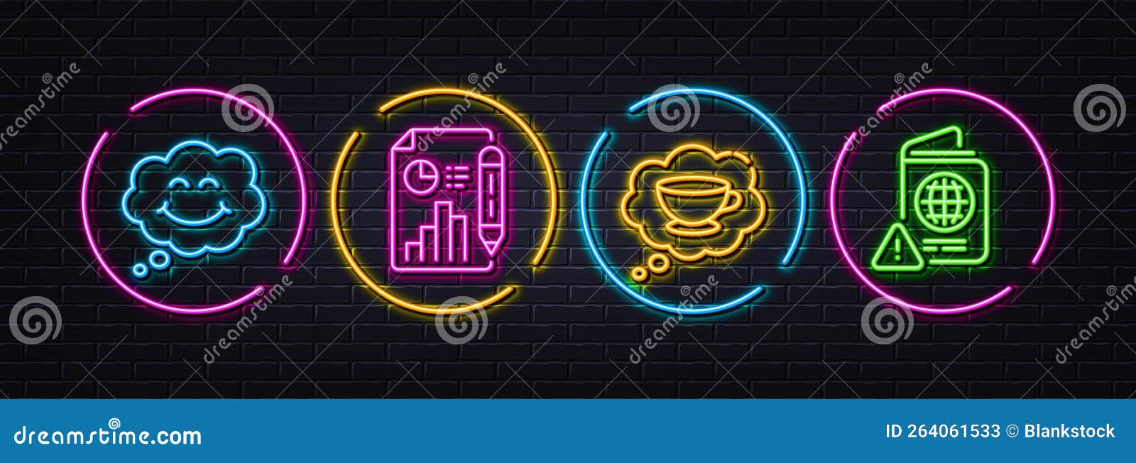 smile, coffee cup and report document minimal line icons. for web application, printing. neon laser 3d lights. 