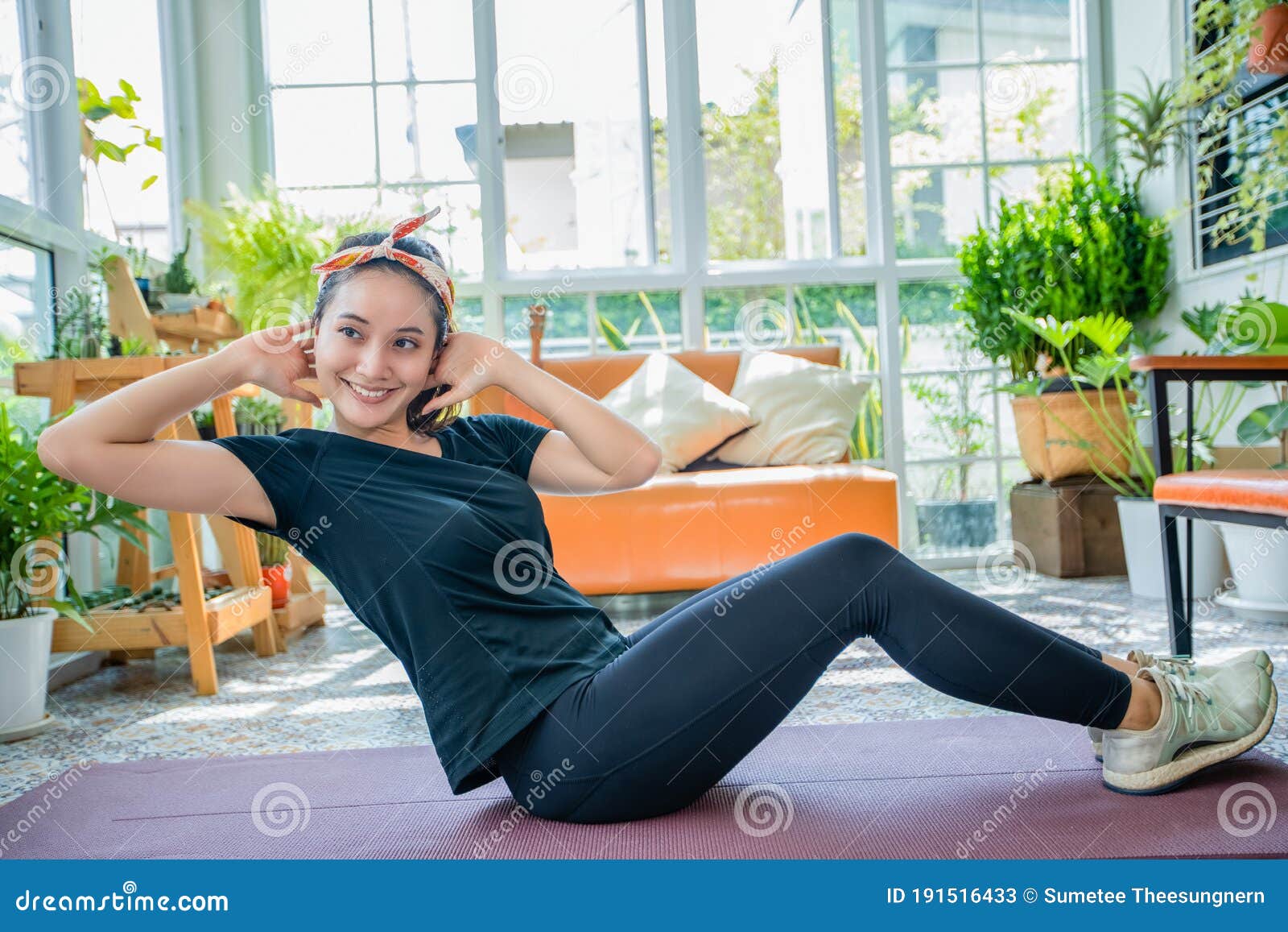 Smile Happy Beautiful Young Asian Woman Stretching Exercise Workout at ...