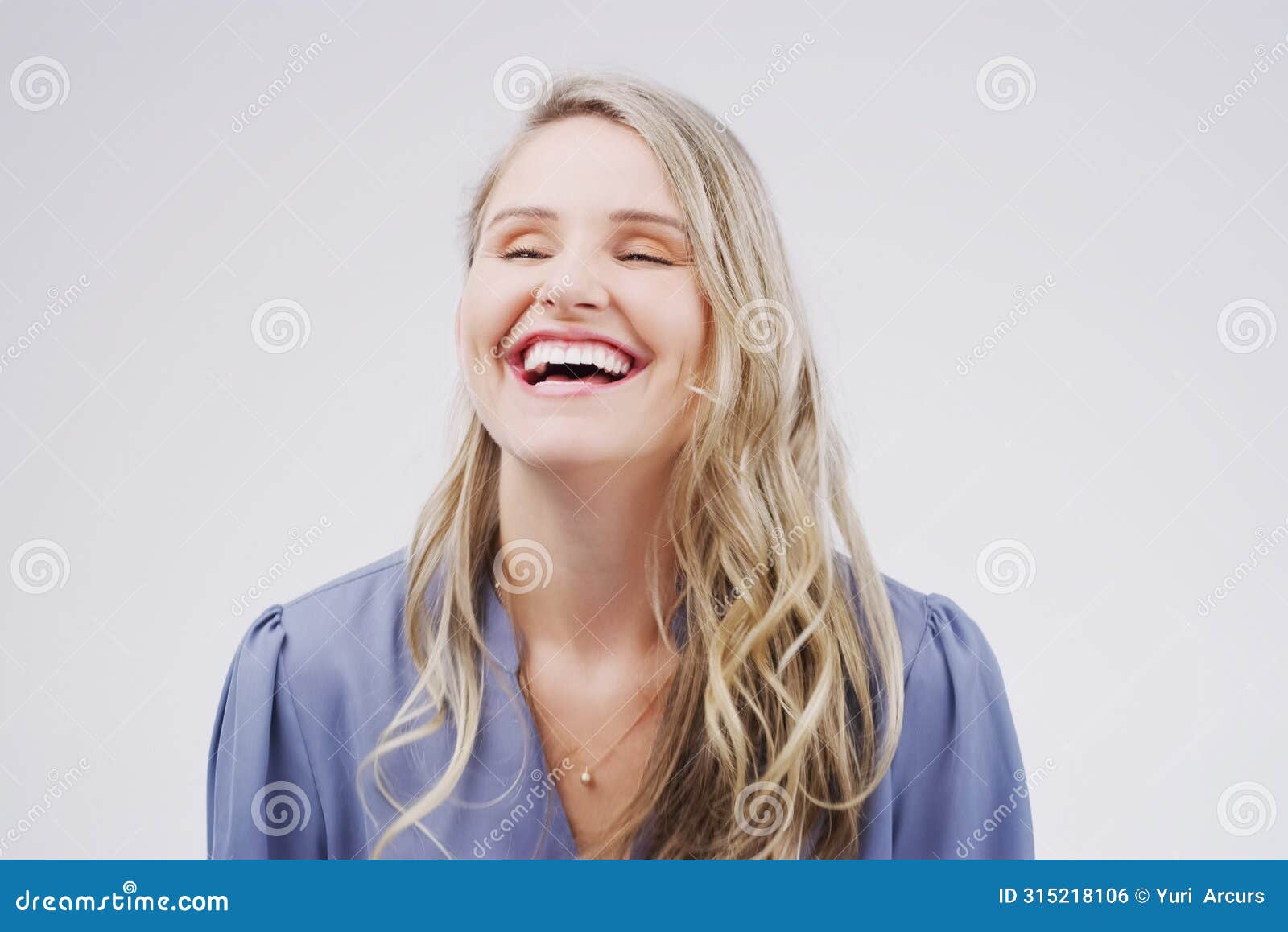 smile, happy and woman with laughing in studio for funny joke, playful comic and positive humour. female person