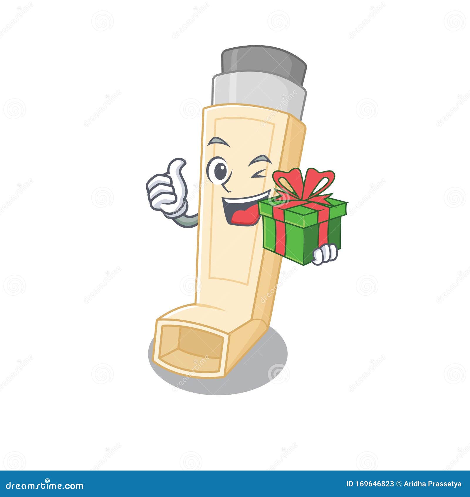 Smiley Asthma Inhaler Character with Gift Box Stock Vector