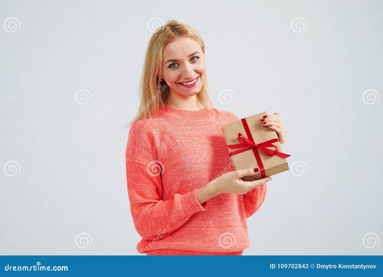 Smiley blond with gift box stock photo. Image of celebration 109702842
