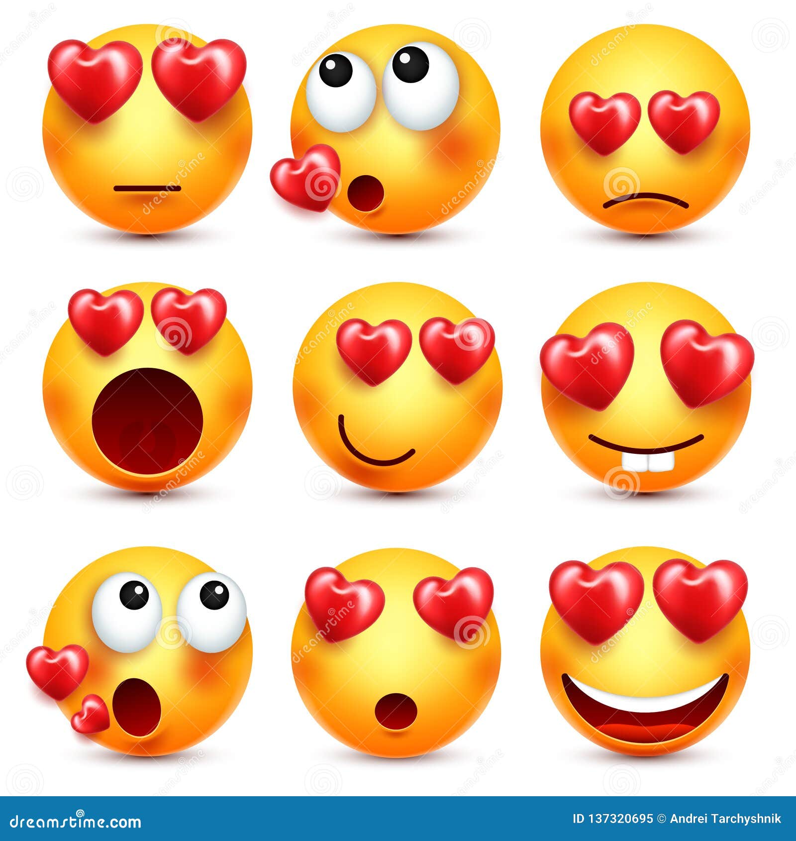 Smiley Emoji with Red Heart Vector Set. Valentines Day Yellow Cartoon  Emoticons Face. Love Feeling Expression. Stock Vector - Illustration of  head, emoji: 137320695