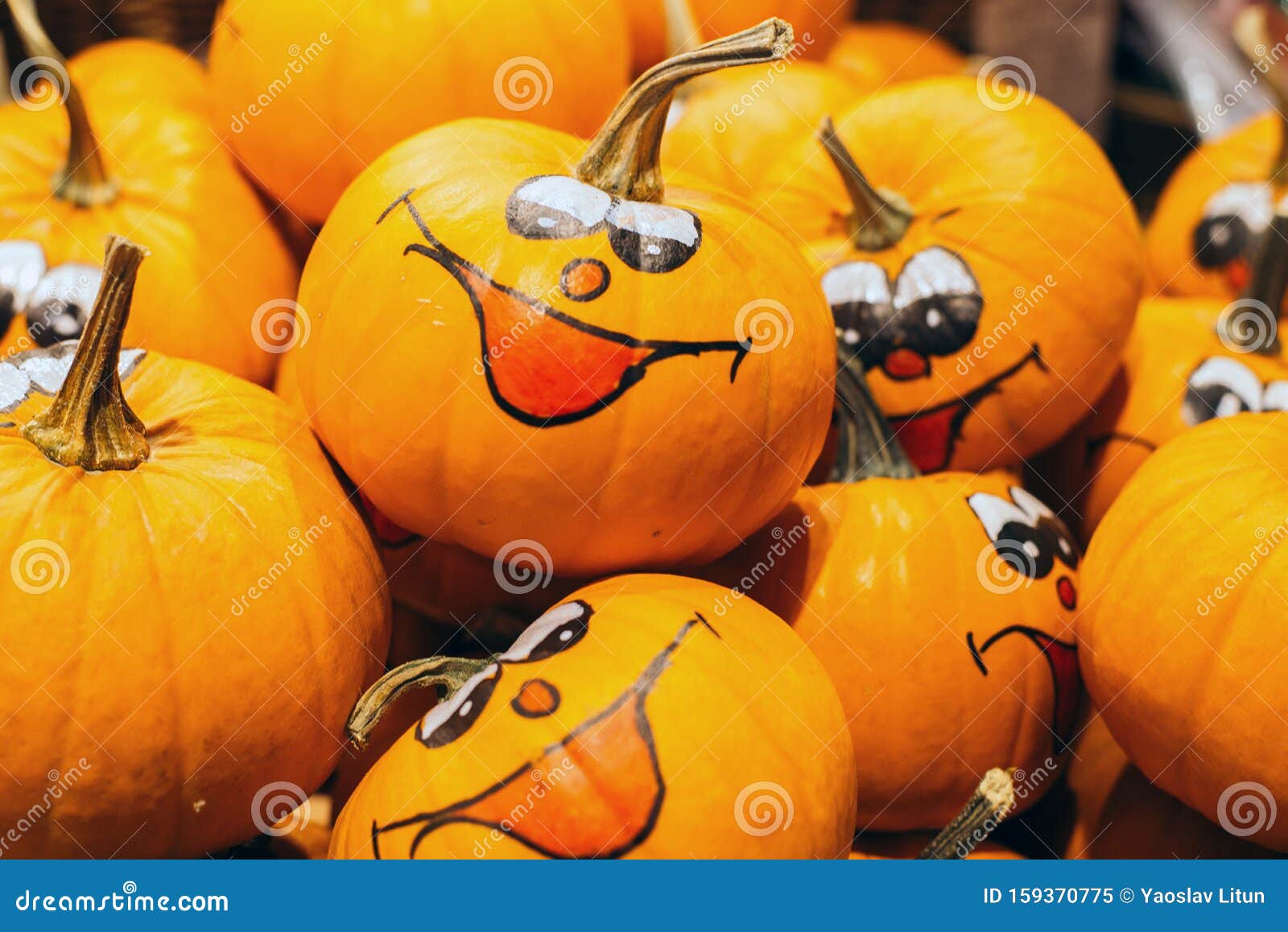 Smiley Faces Painted on Fresh Pumpkins in the Autumn. Halloween Stock ...