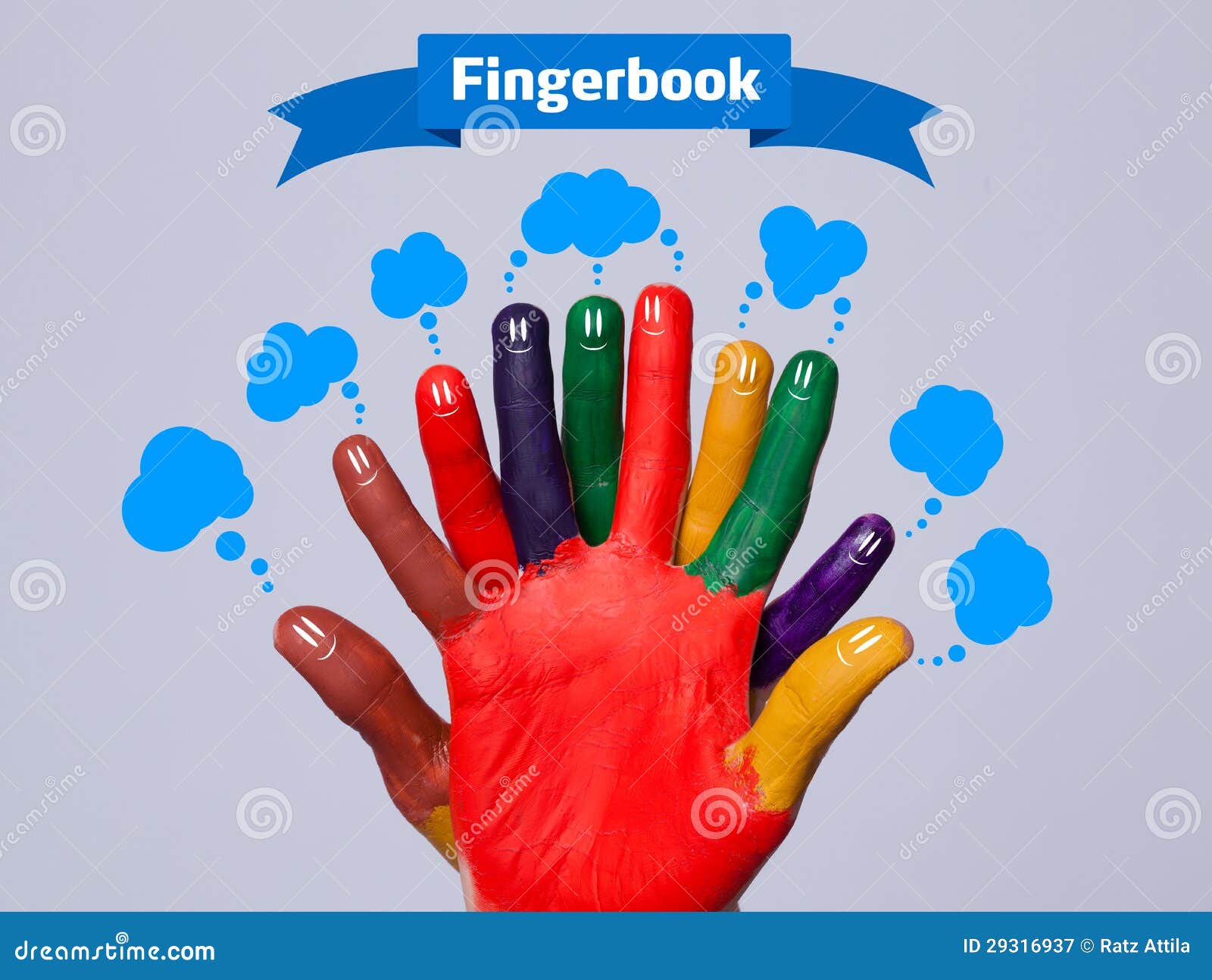 Smiley felizes coloridos do dedo com sinal do fingerbook e bolhas azuis