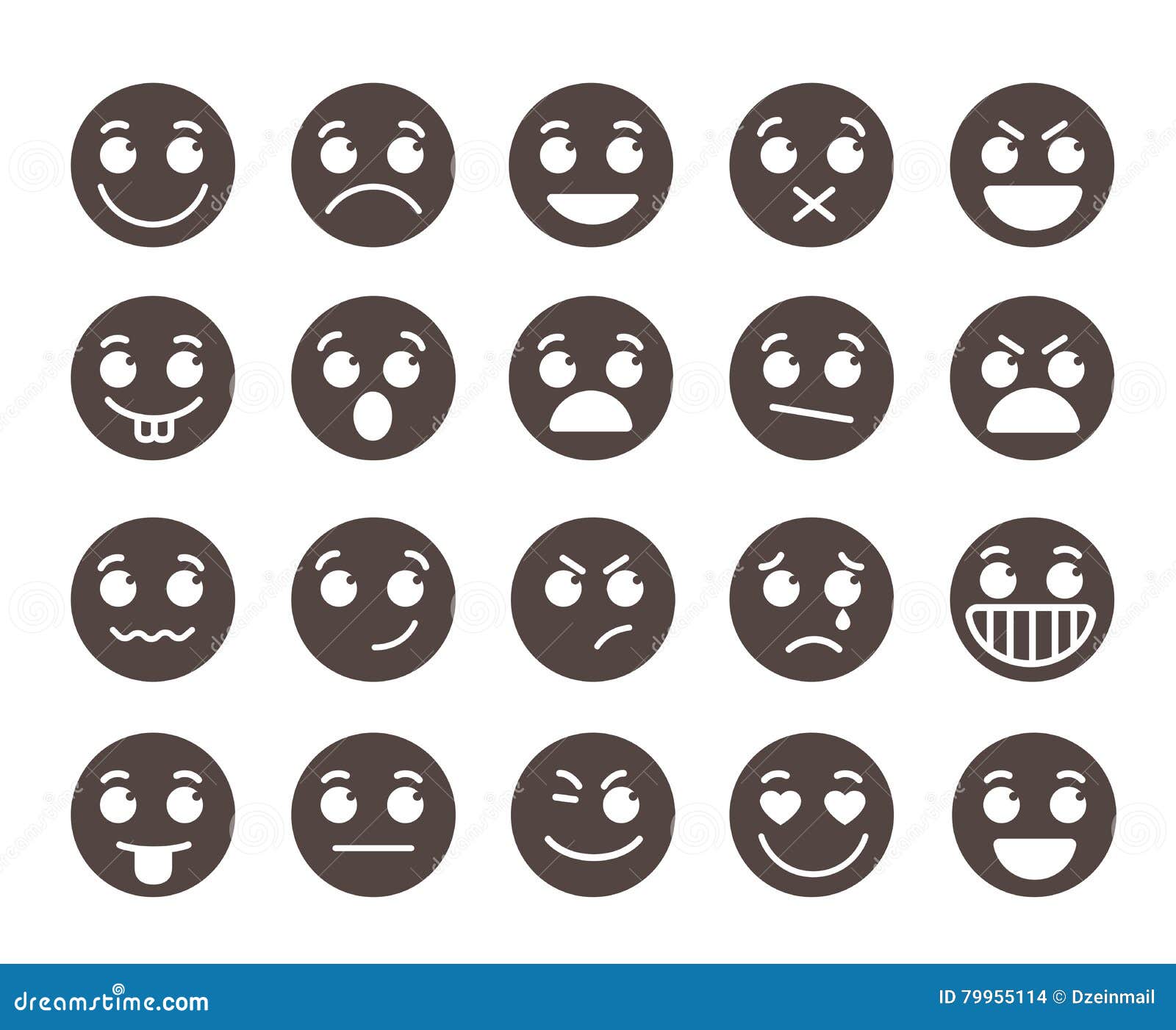 Smiley flat vector emoticons with emotions and funny facial expressions in black color isolated in white background. Vector illustration.