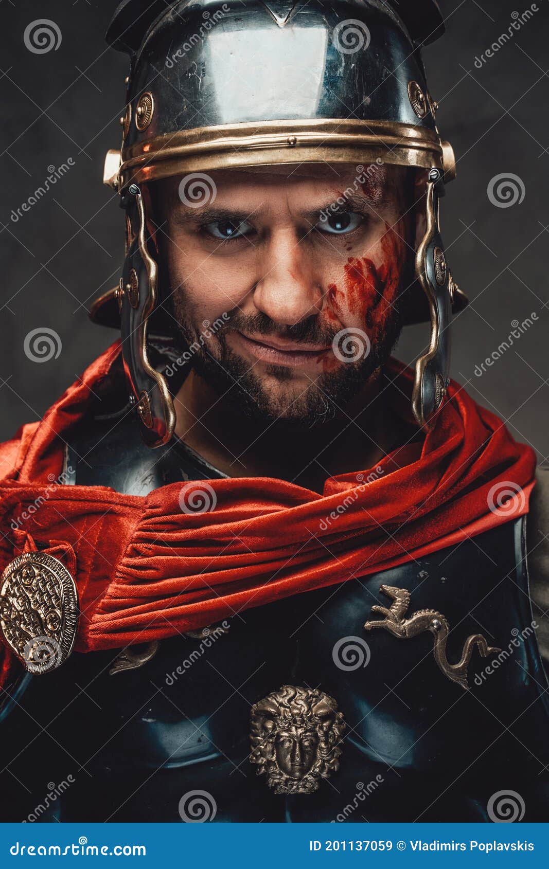 Smiley Roman Warrior Looking at Camera in Dark Background Stock Image
