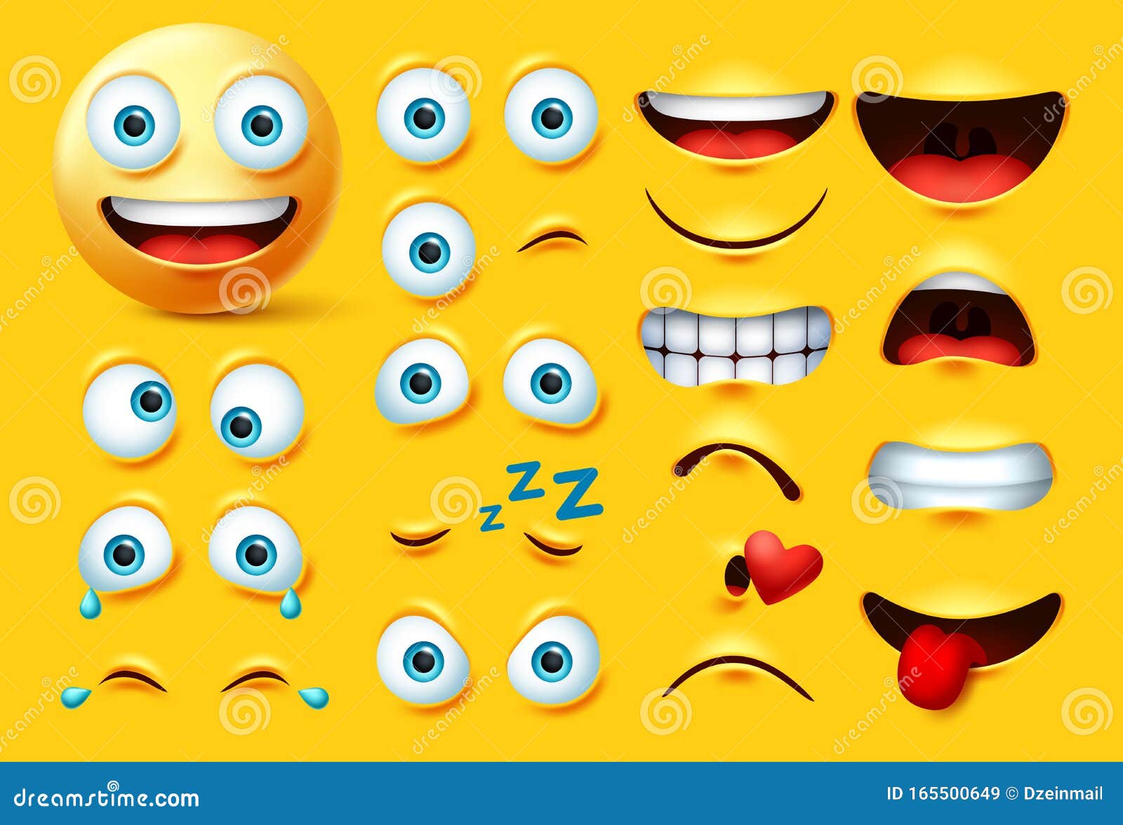 smileys emoticon character creation  set. smiley emoji face kit eyes and mouth in angry, crazy, crying, naughty, kissing.
