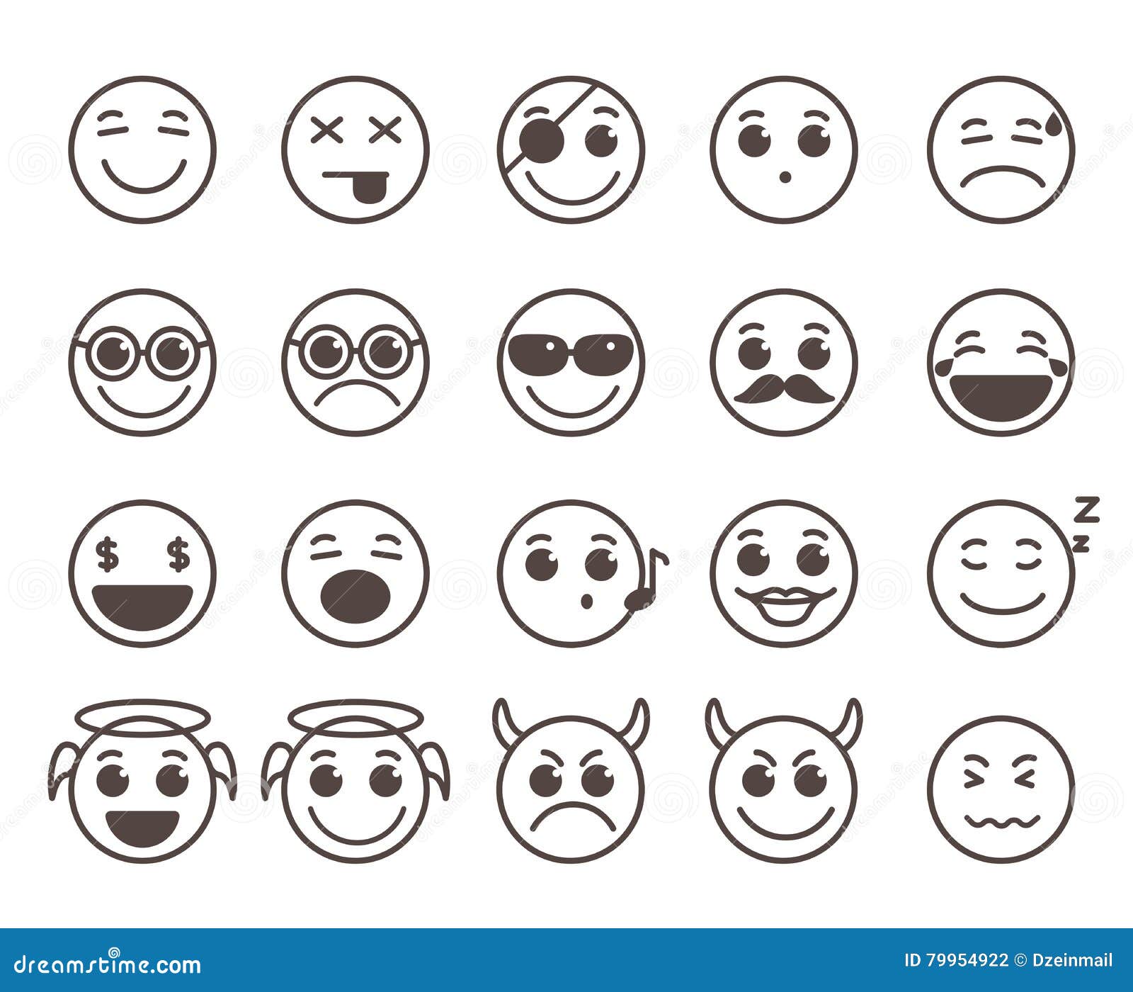 Smileys Faces Flat Line Vector Icons Set With Funny Facial 