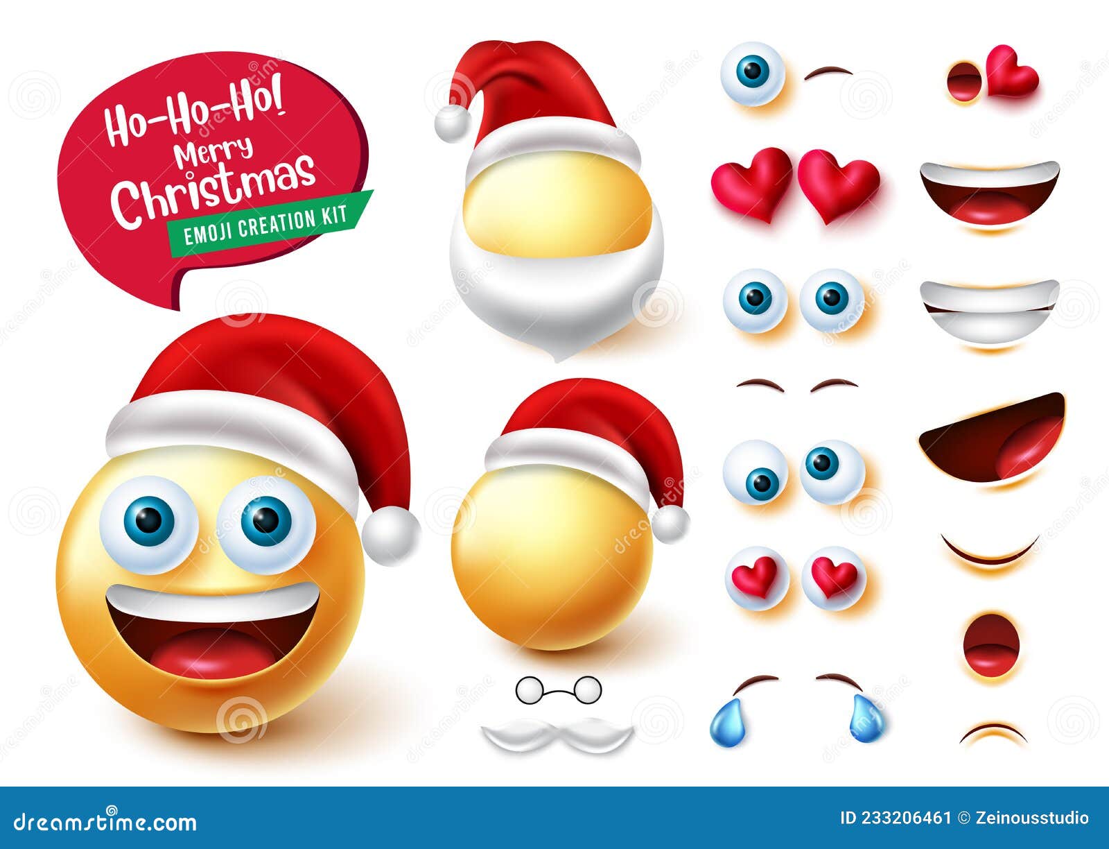 Smileys Santa Creator Vector Set. Emoji Santa Claus Character in 3d Kit