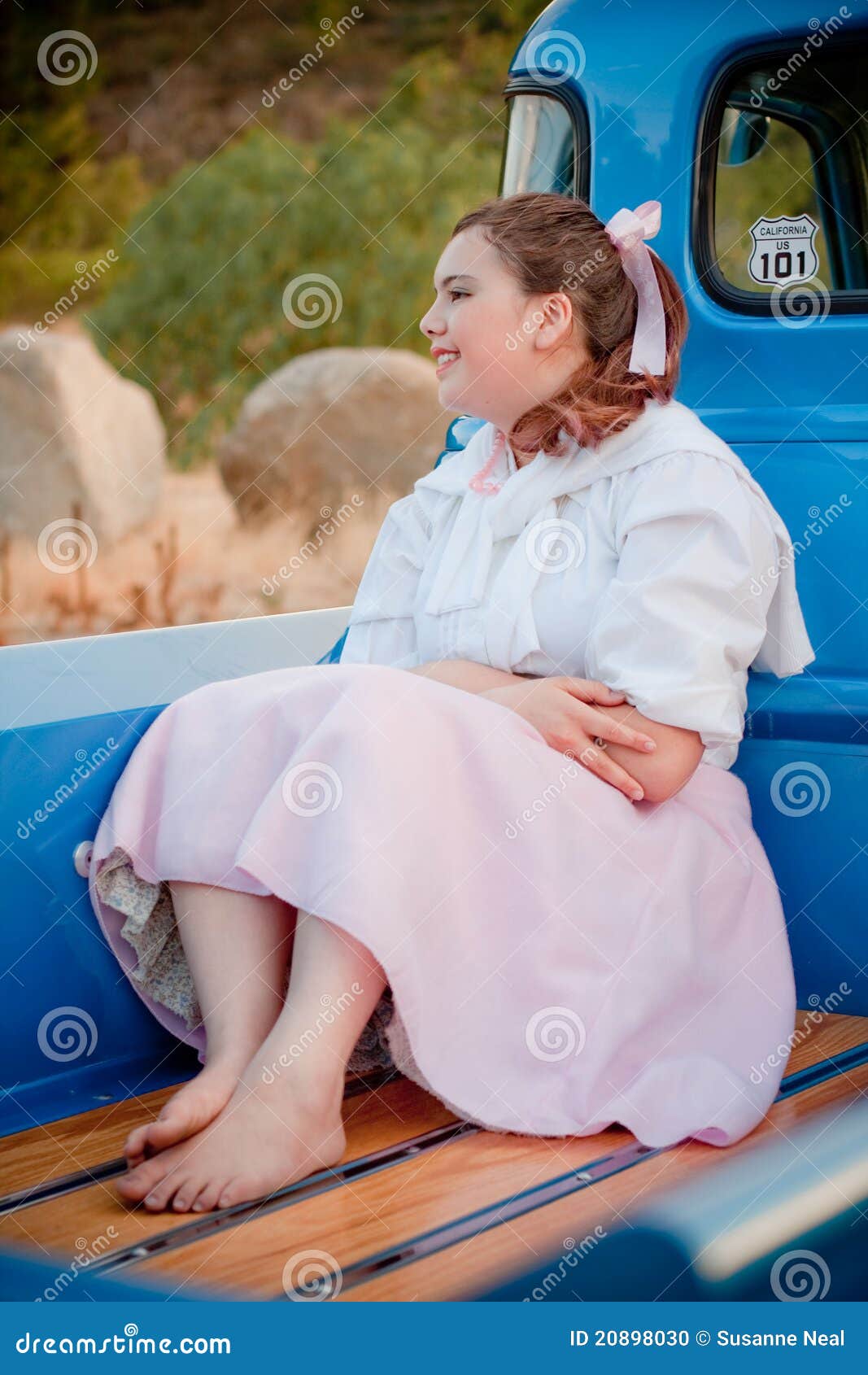 Smiling 1950s Teen Girl In Back Of Truck Stock Photo Image
