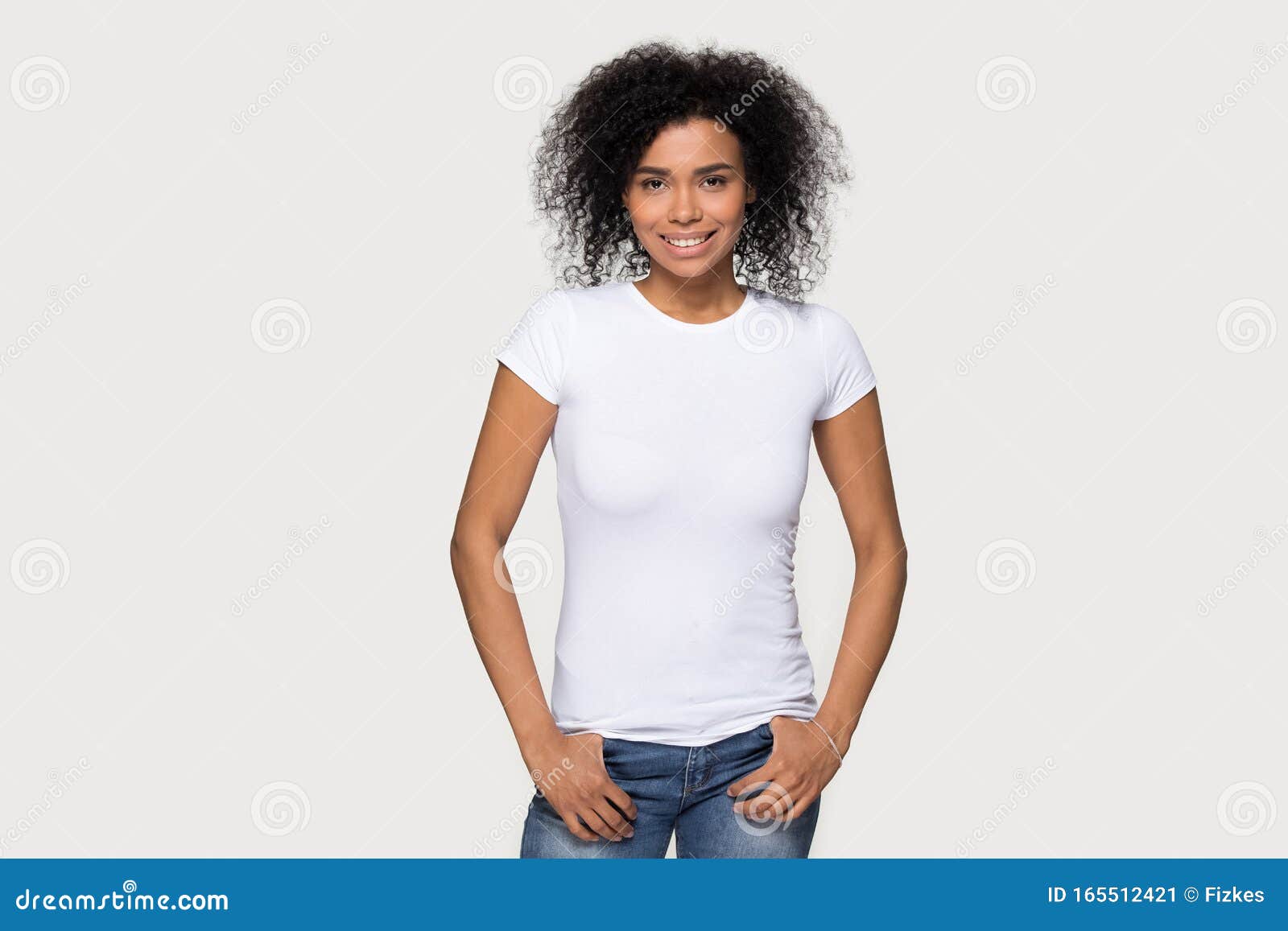 Download Smiling African American Woman In White T-shirt Front Mock ...