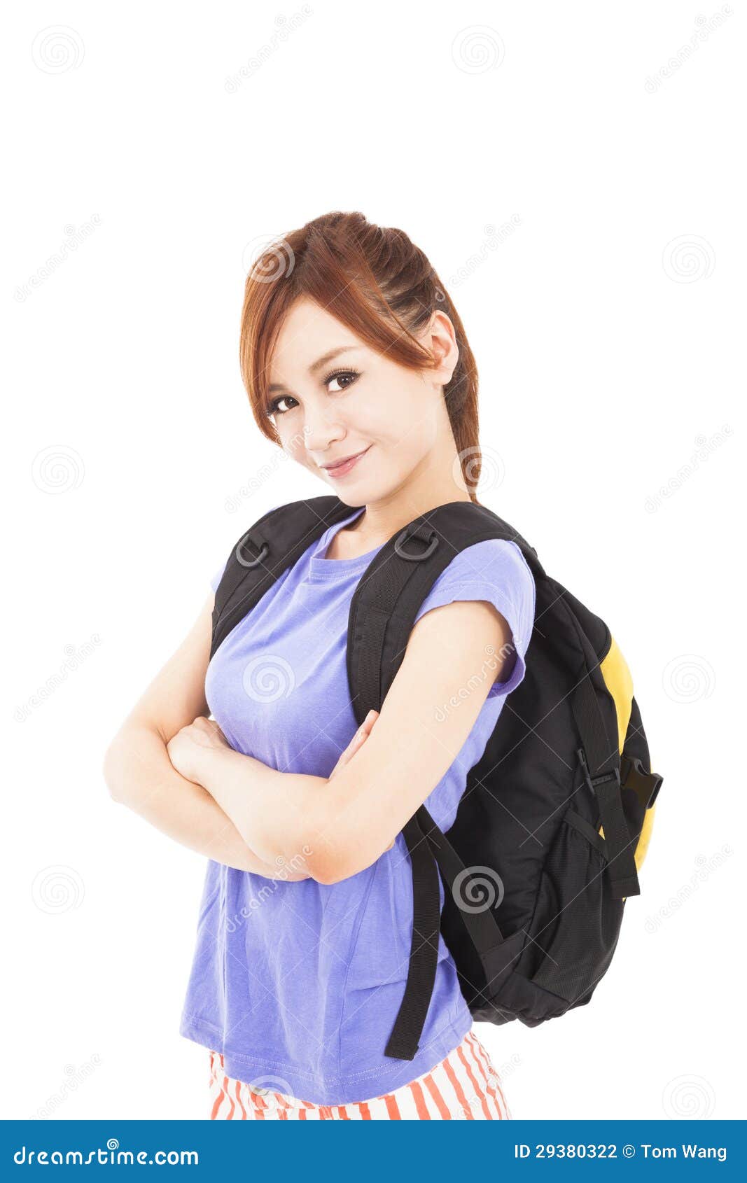 Smiling Asian Girl with Backpack Stock Photo Image of think