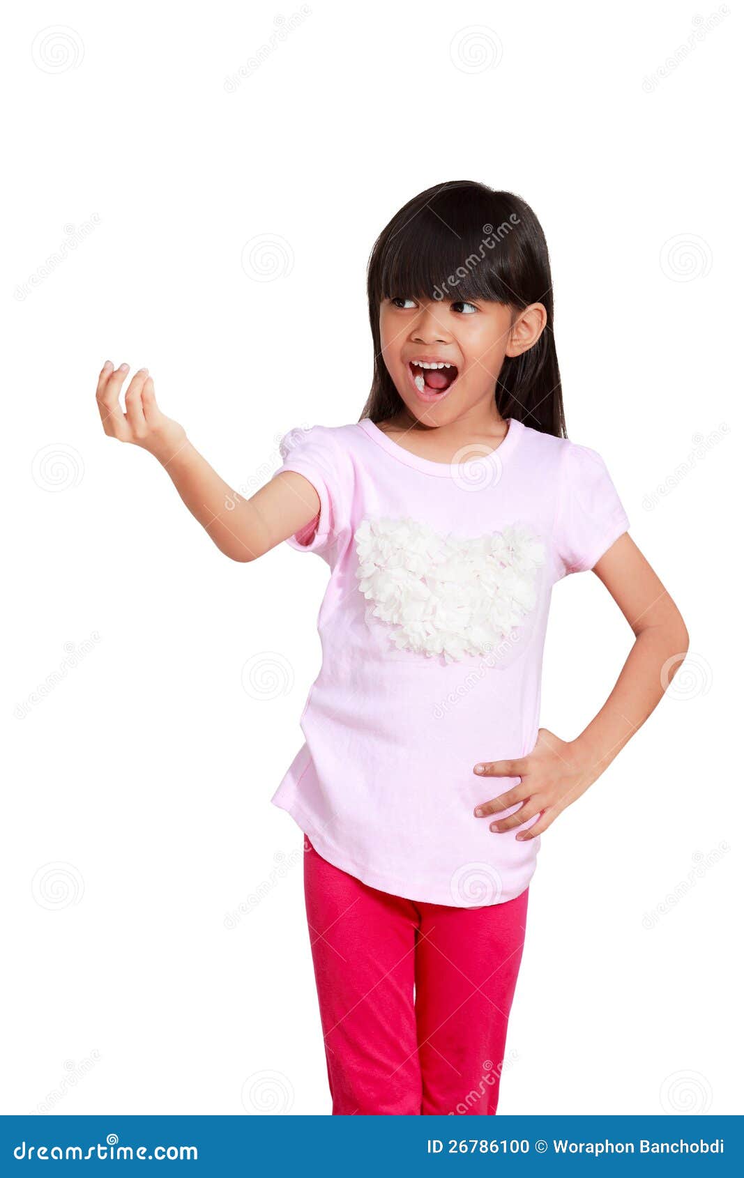 Smiling Asian Little Girl Showing Empty Copyspace Stock Photo - Image ...