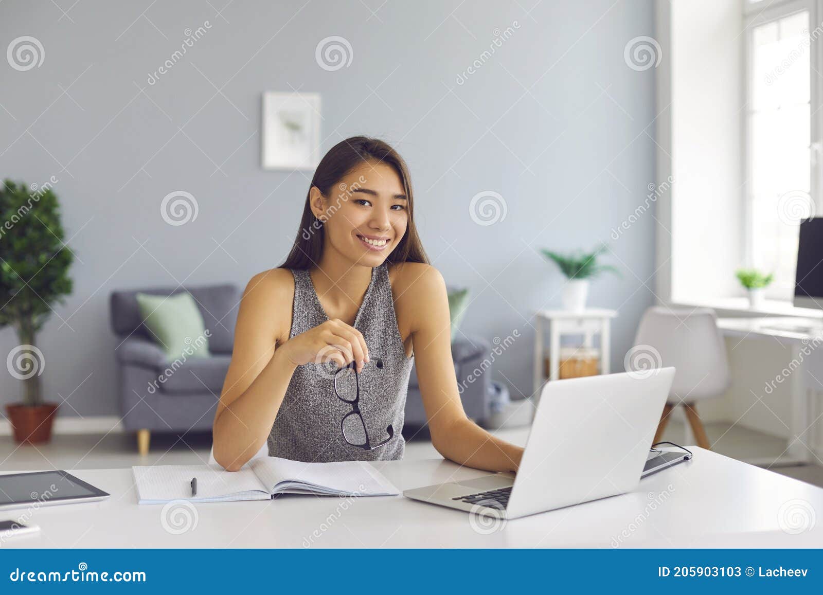 Smiling Asian Woman Office Worker Working in Modern Spacious Office ...