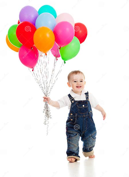 Smiling Baby Boy with Bunch of Colorful Balloons Stock Photo - Image of ...