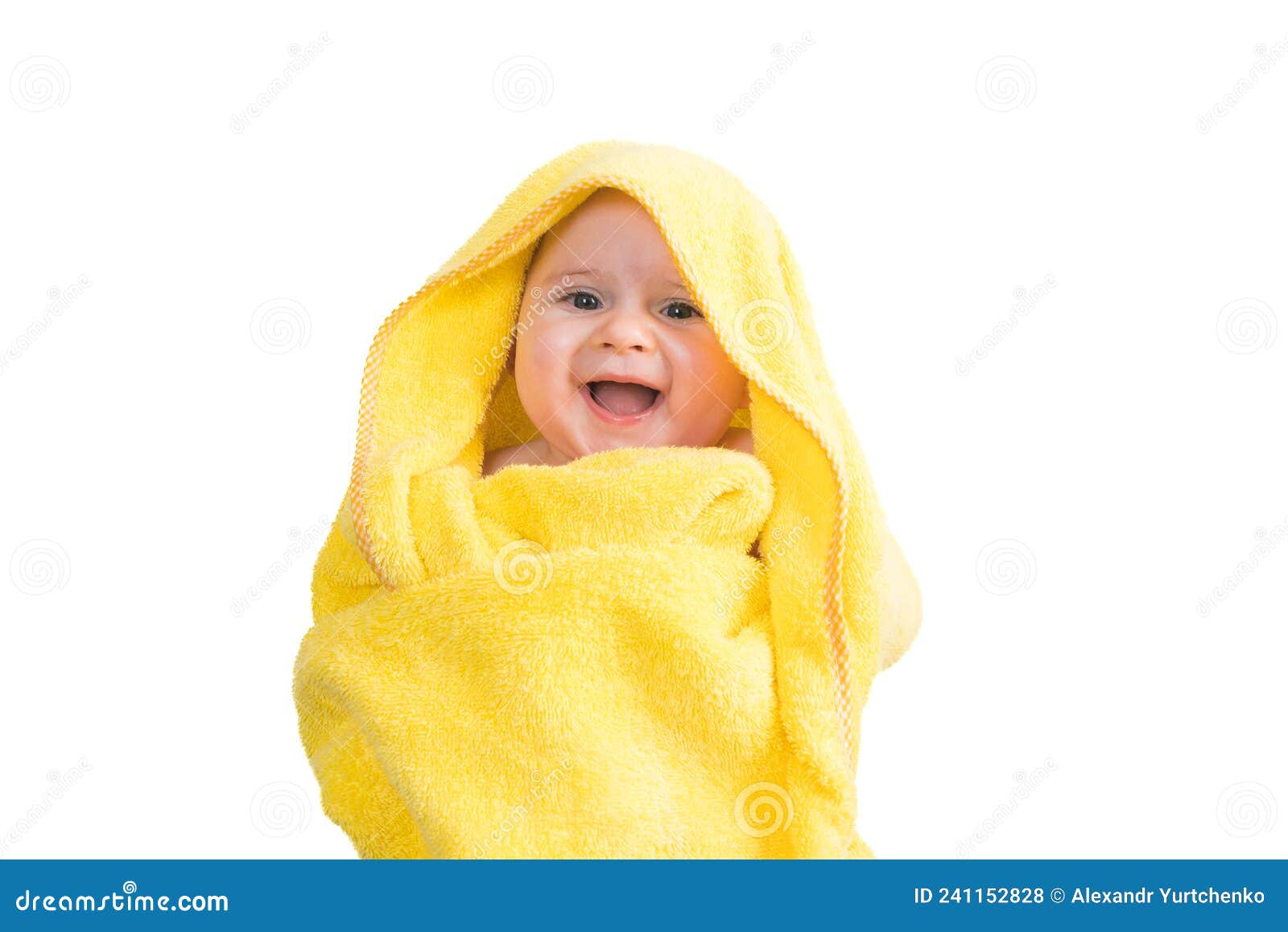 Smiling Baby Girl after Bathing Wrapped in a Yellow Towel Stock Photo ...