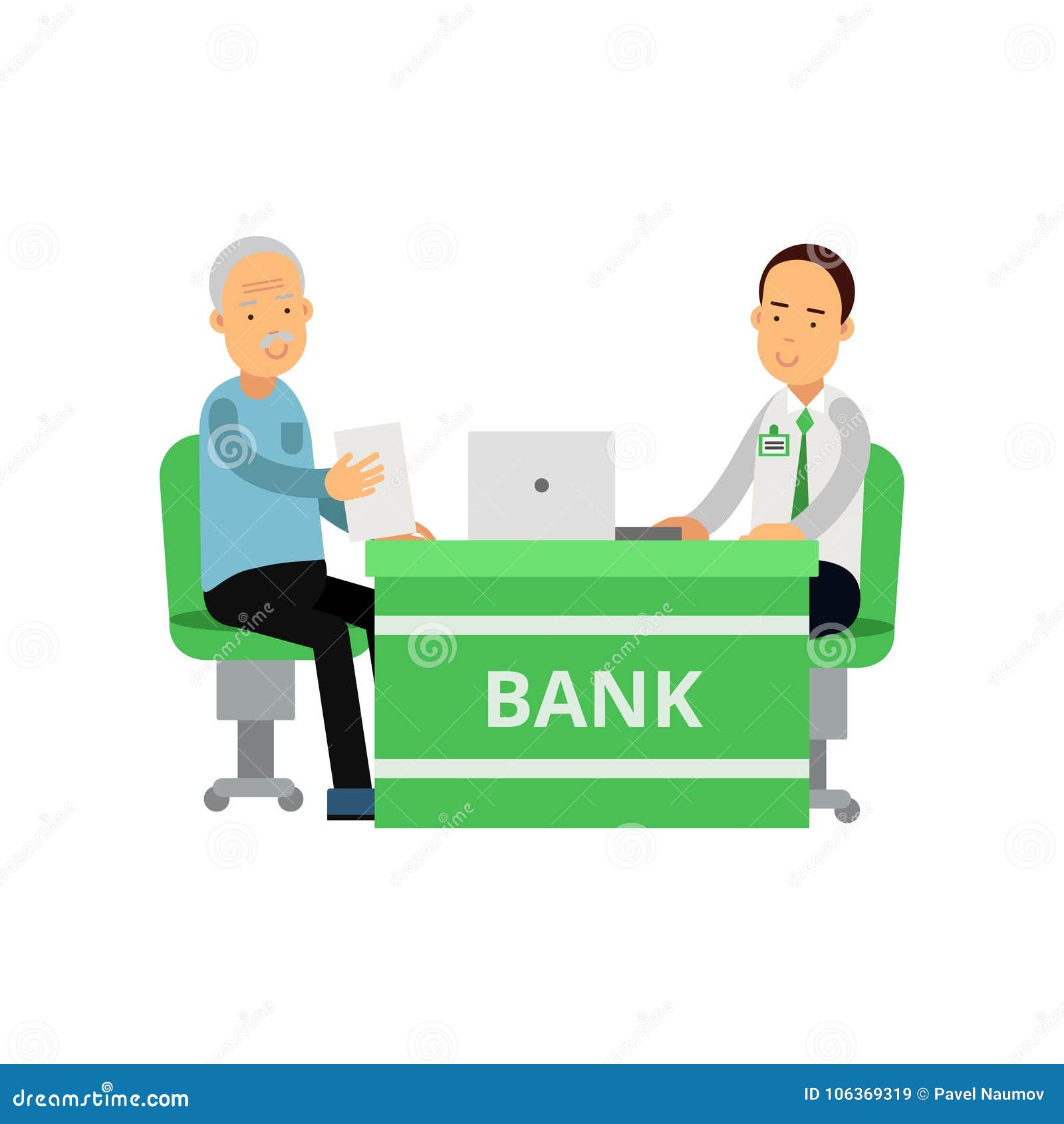 Smiling Bank Employee Advises Client. Old Man and Young Guy Sitting Behind  Desk. Banking and Finance. Cartoon People Stock Vector - Illustration of  paper, desk: 106369319