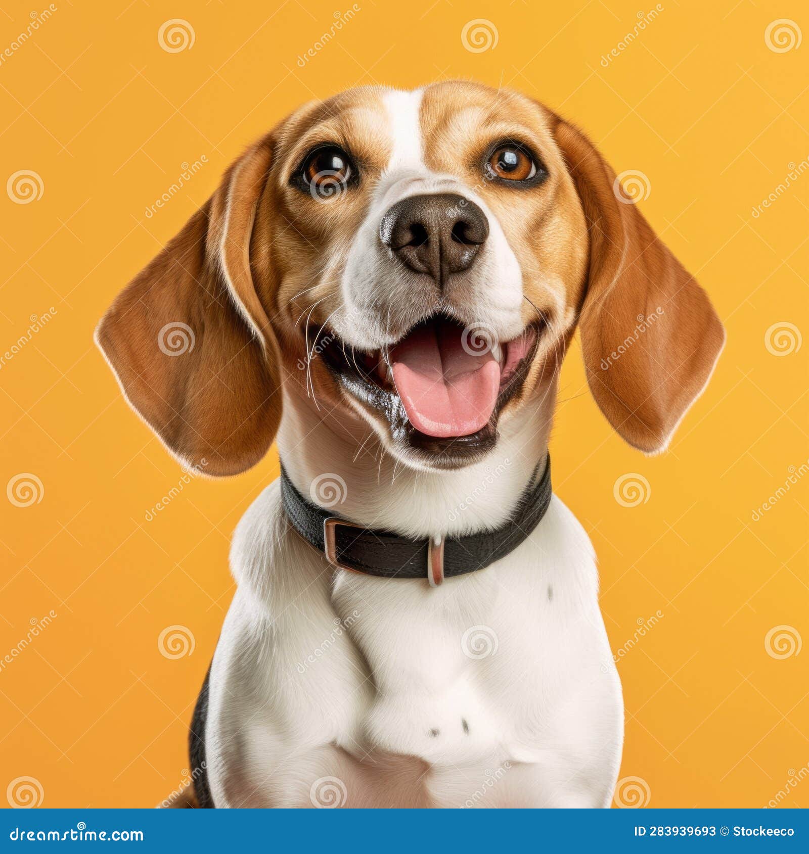 cheerful beagle dog on yellow background