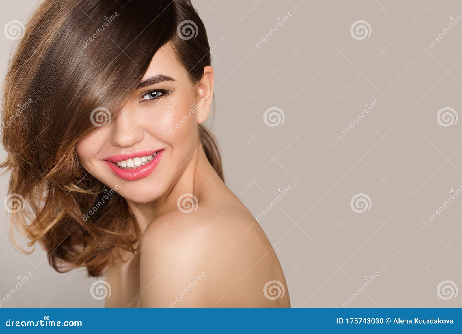 Smiling Beautiful Woman with Brown Short Hair. Haircut. Hairstyle. Professional Makeup. Copycpase Stock Photo - Image of perfect, healthy: 175743030 Smiling Beautiful Woman with Brown Short Hair. Haircut. Hairstyle. Professional Makeup. Copycpase Stock Photo - Image of perfect, healthy: 175743030