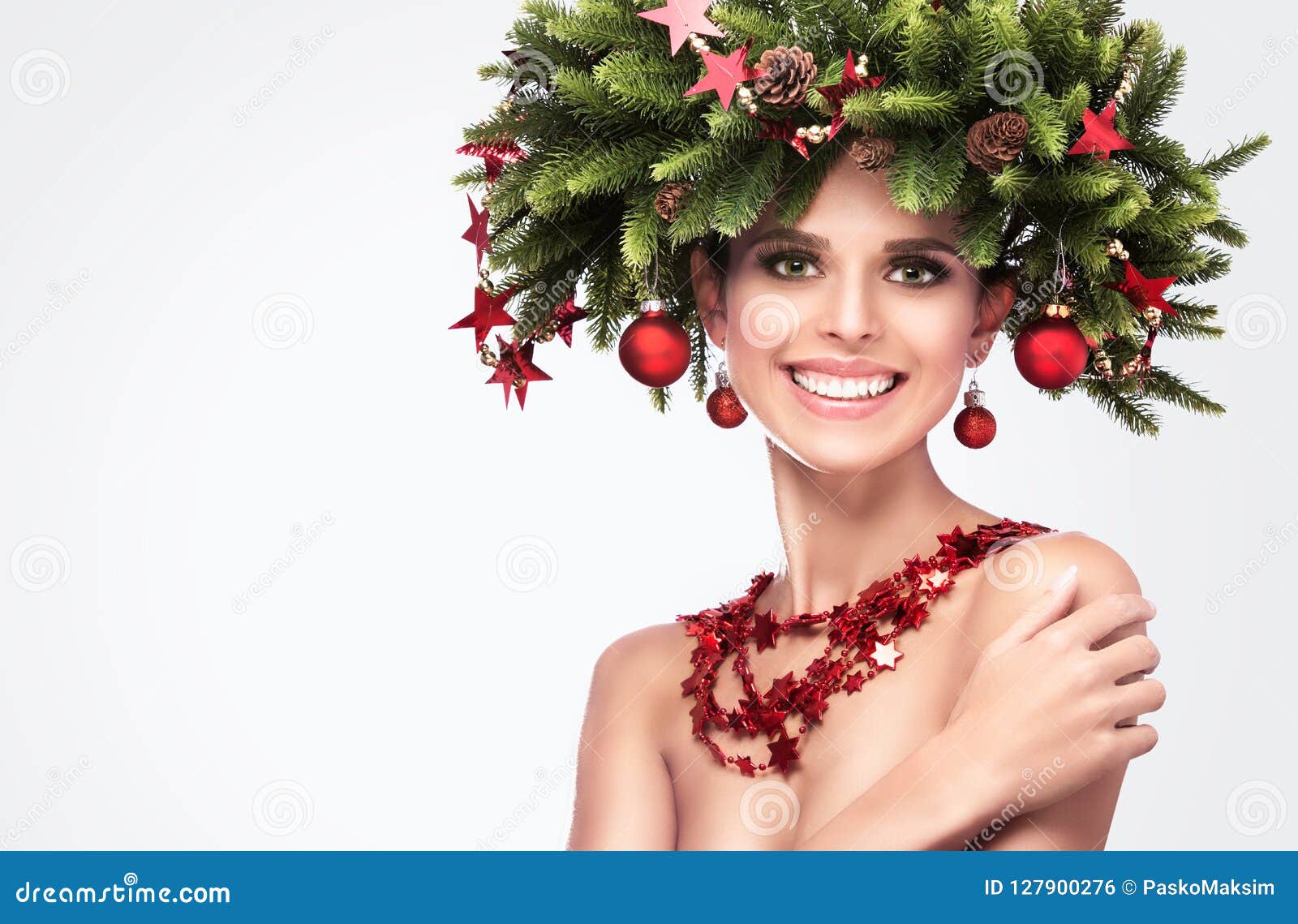 Smiling Beauty Fashion Model Girl With Fir Branches ...