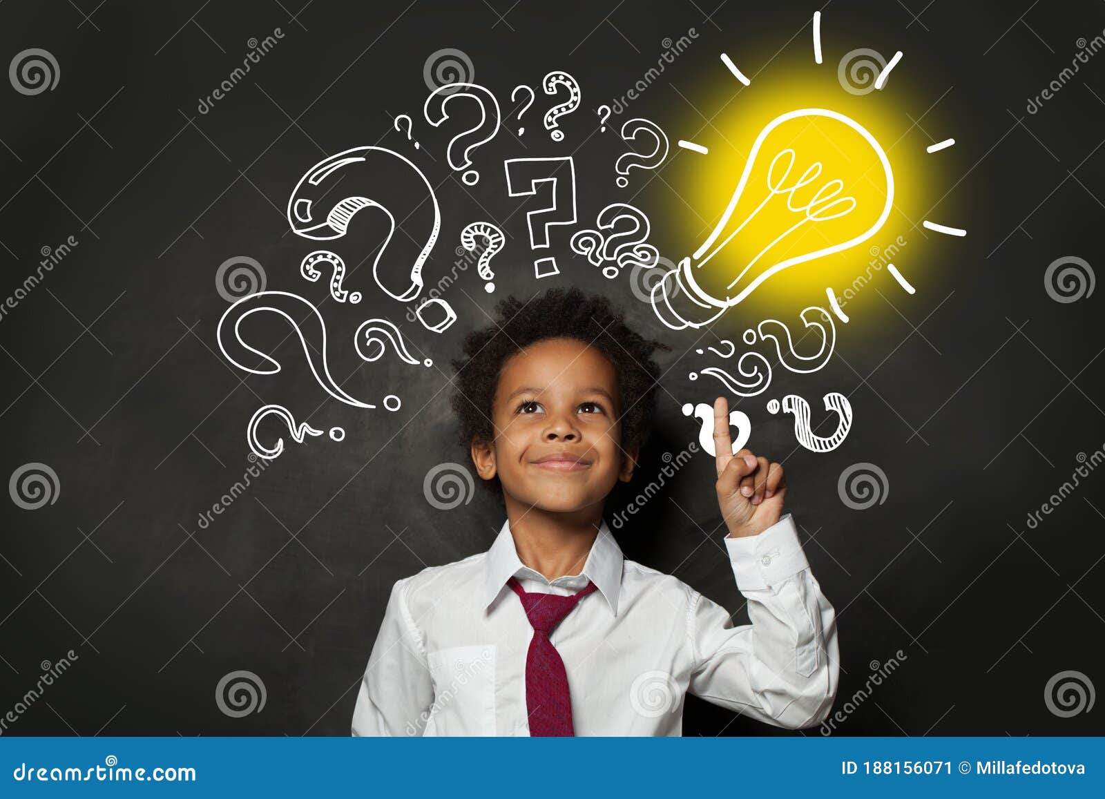 smiling black child student with lightbulb on blackboard background. brainstorming and idea concept