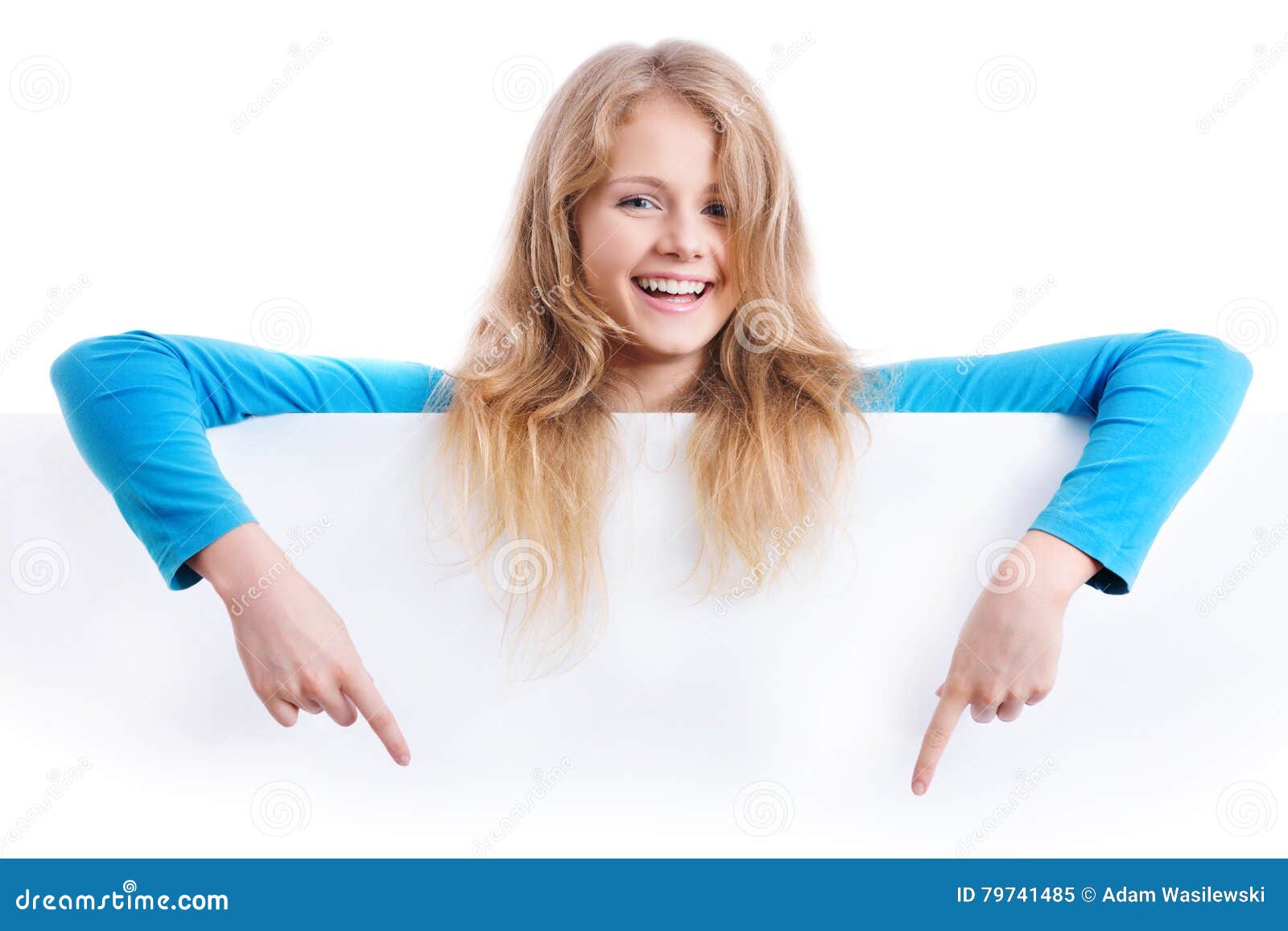 Smiling Blond Girl Pointing Her Fingers Down Stock Image Image Of