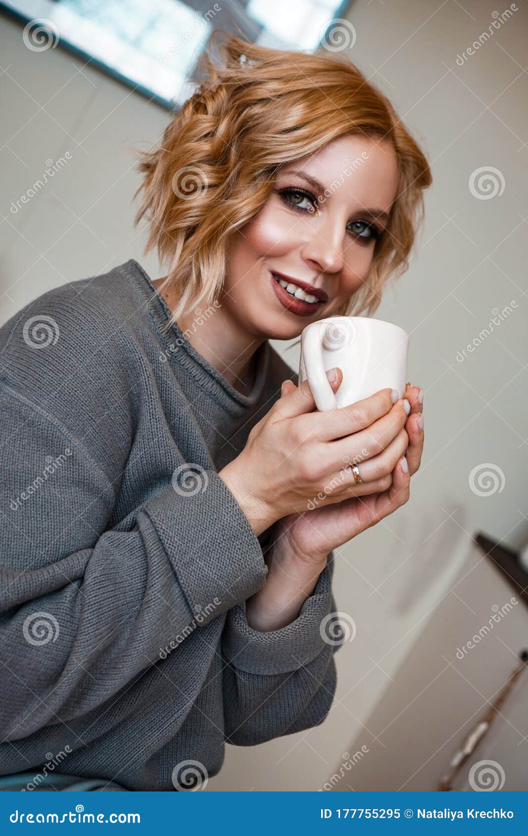 Smiling Blonde Drinking Cappuccino, Holding Coffee Cup Stock Image ...
