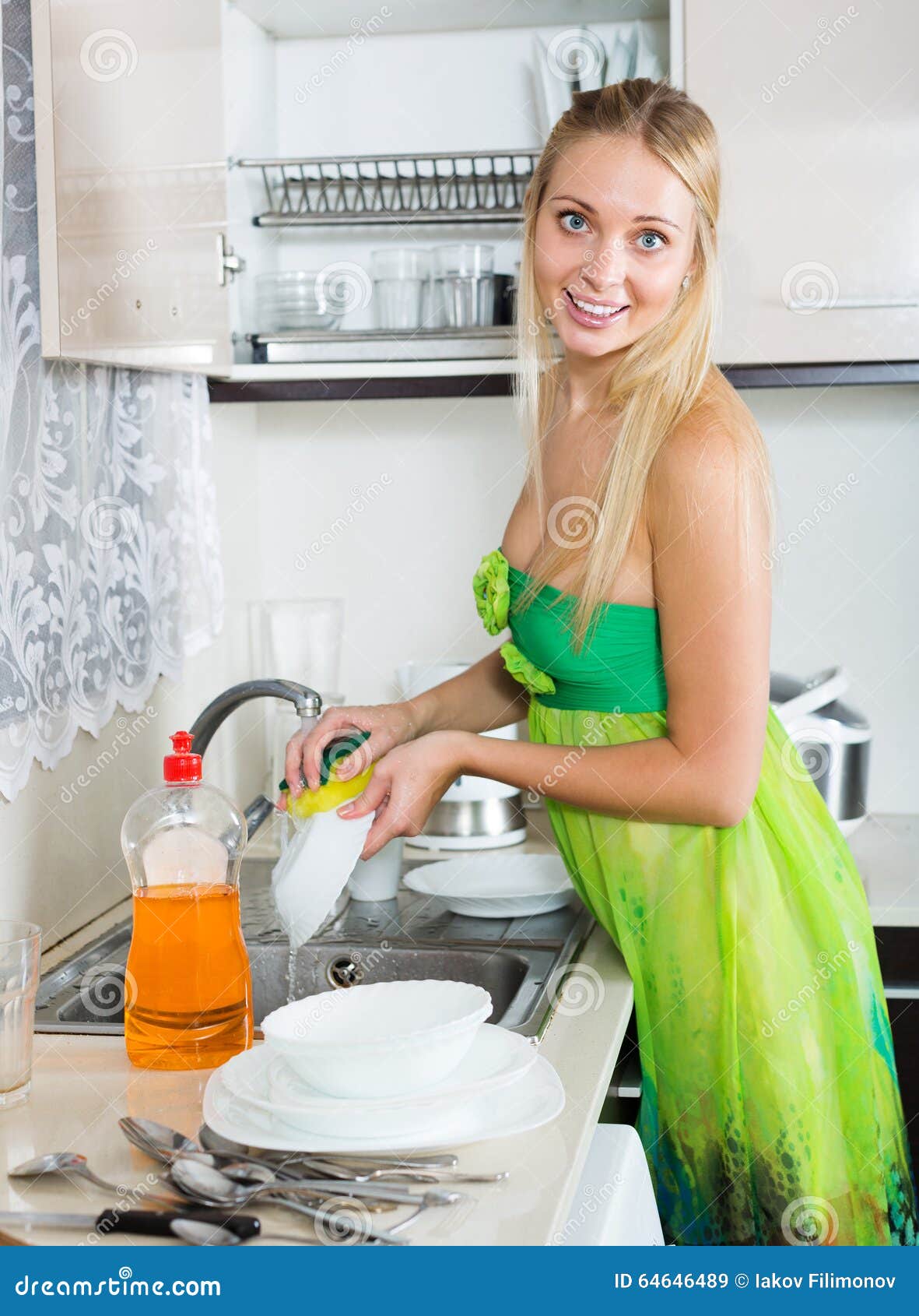 Smiling Blonde Housewife Washing Dishes Stock Im