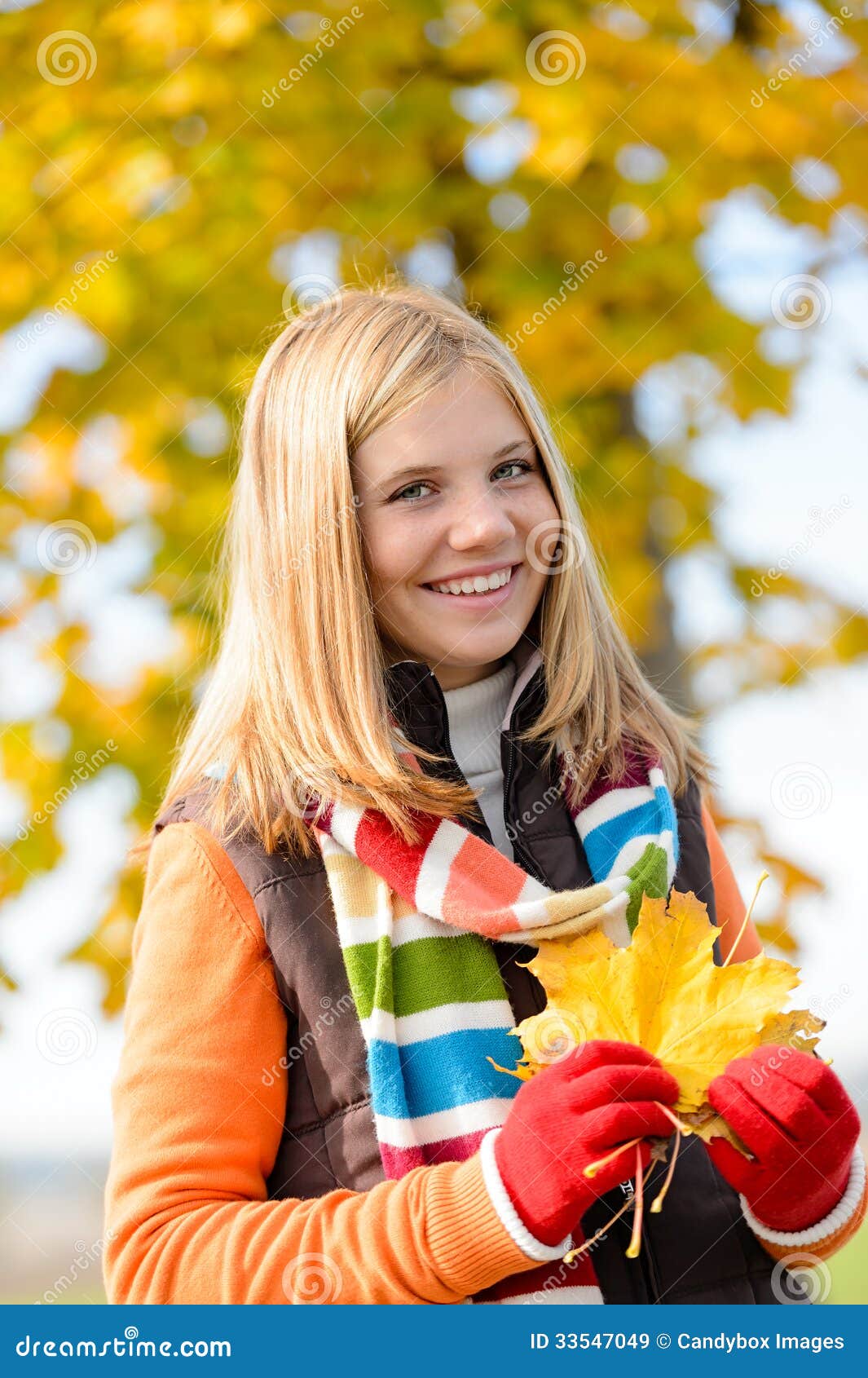 Smiling Blonde Teen Girl Autumn Forest Leaves Royalty Free Stock Images