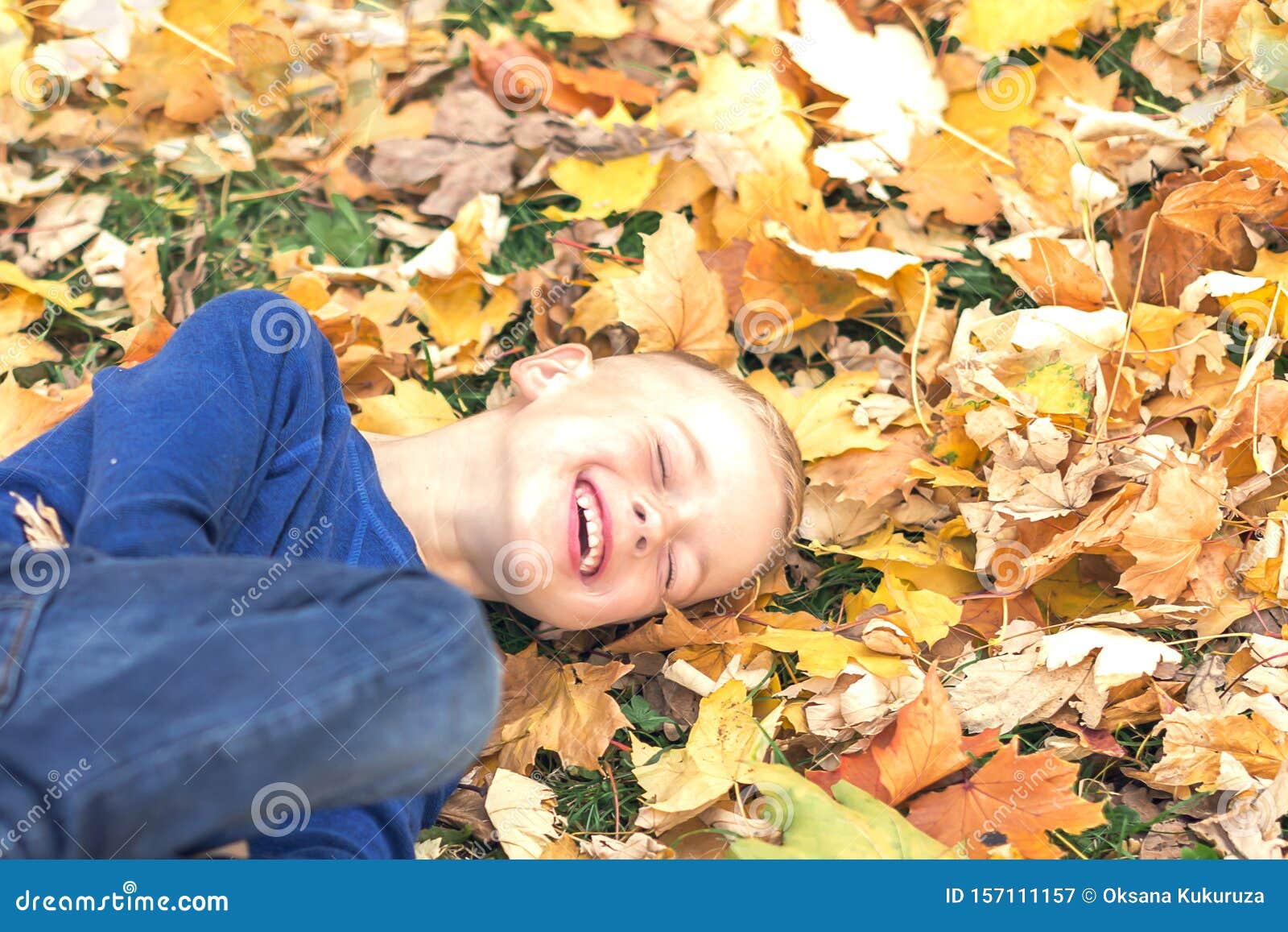 smiling boy dabbles in autumn park is laying on leaves in the fall
