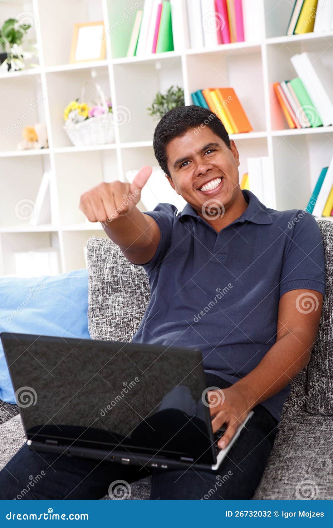 Smiling Boy with Laptop Showing Thumbs Up Stock Photo Image of browse