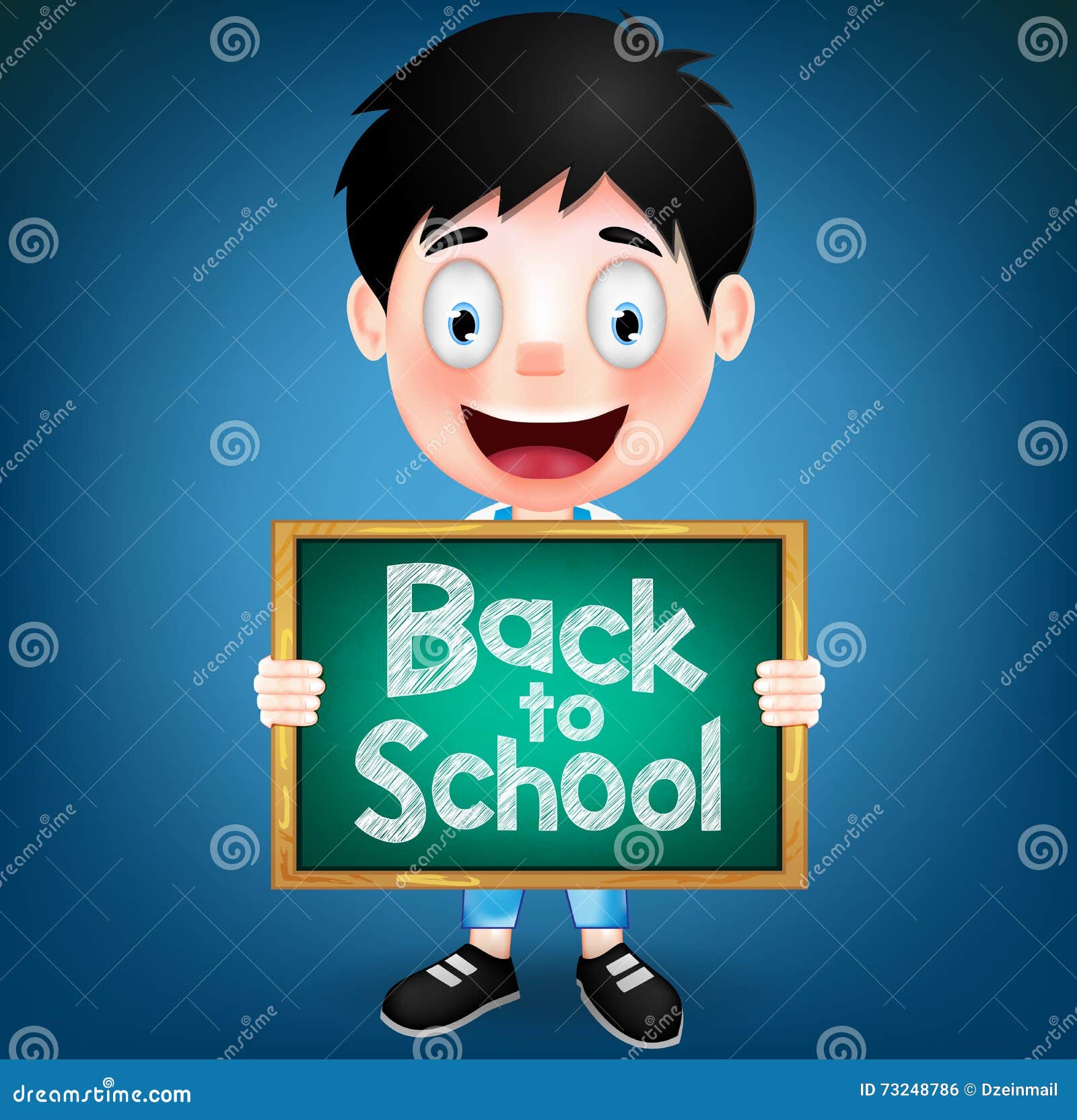 smiling boy student character holding green chalkboard