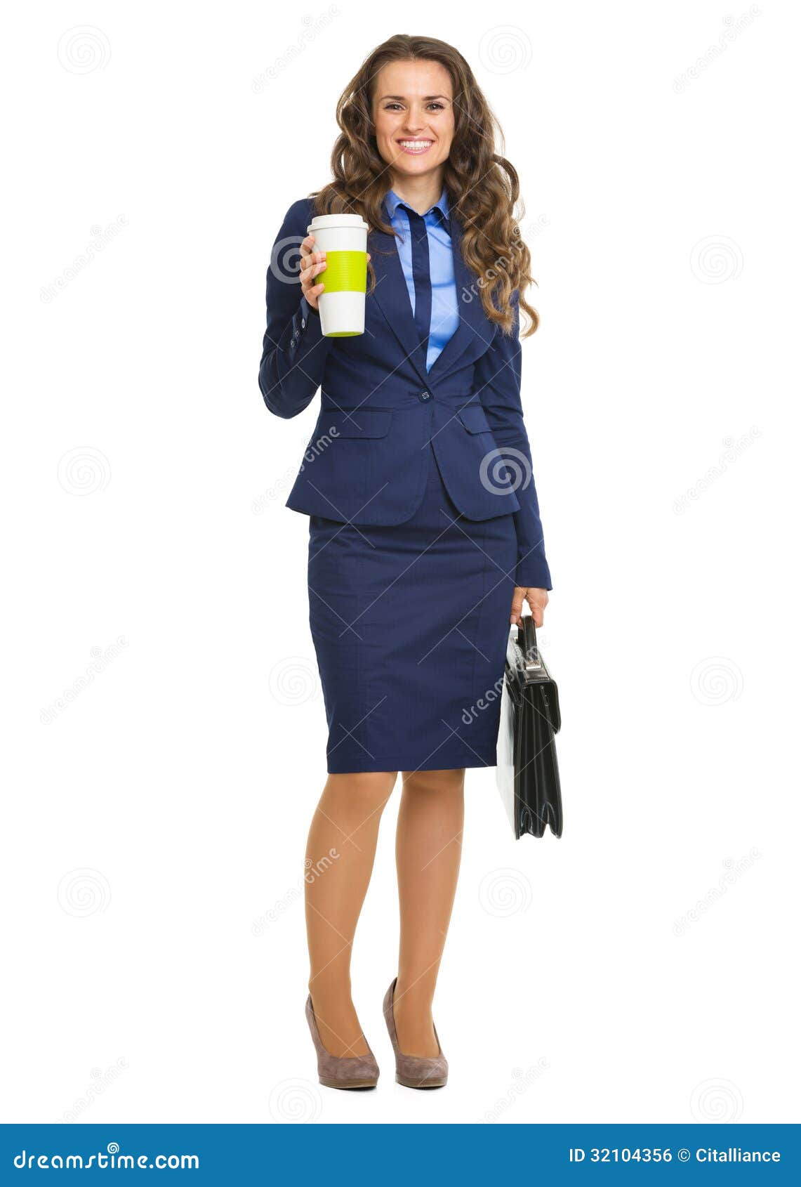 Full length portrait of smiling business woman with briefcase and cofee cup isolated on white